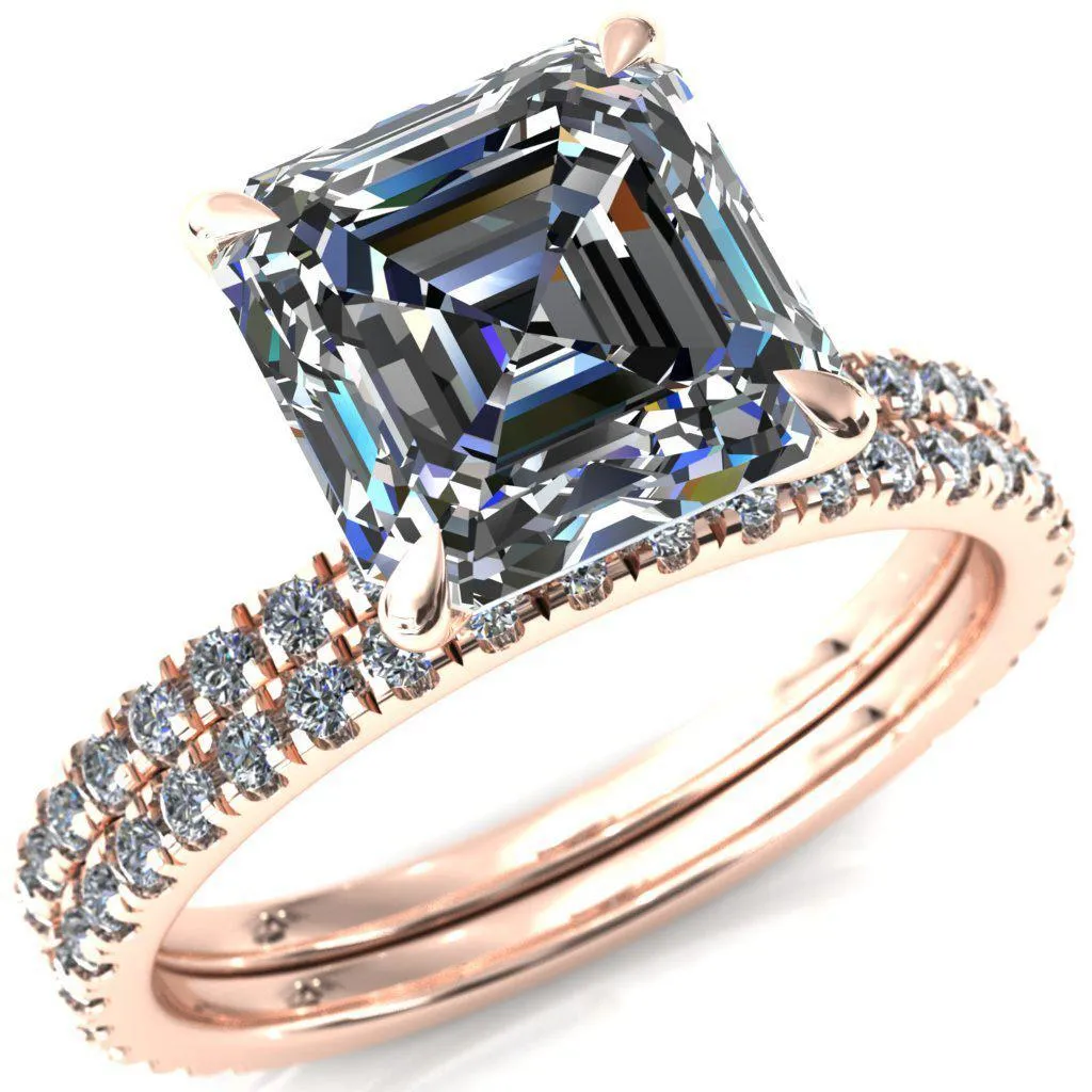 Alayna Asscher Moissanite 4 Claw Prong 3/4 Micro Pave Diamond Accent Ring Engagement Ring