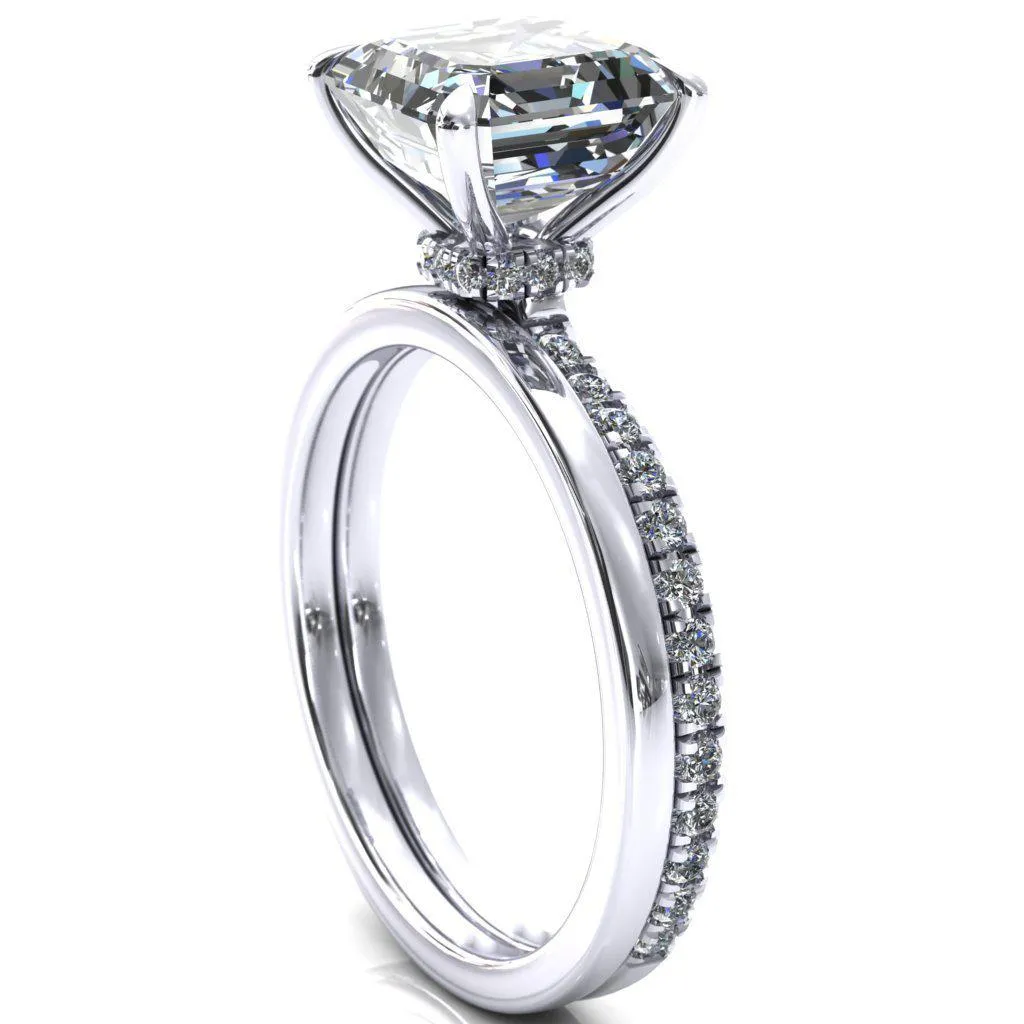Alayna Asscher Moissanite 4 Claw Prong 3/4 Micro Pave Diamond Accent Ring Engagement Ring