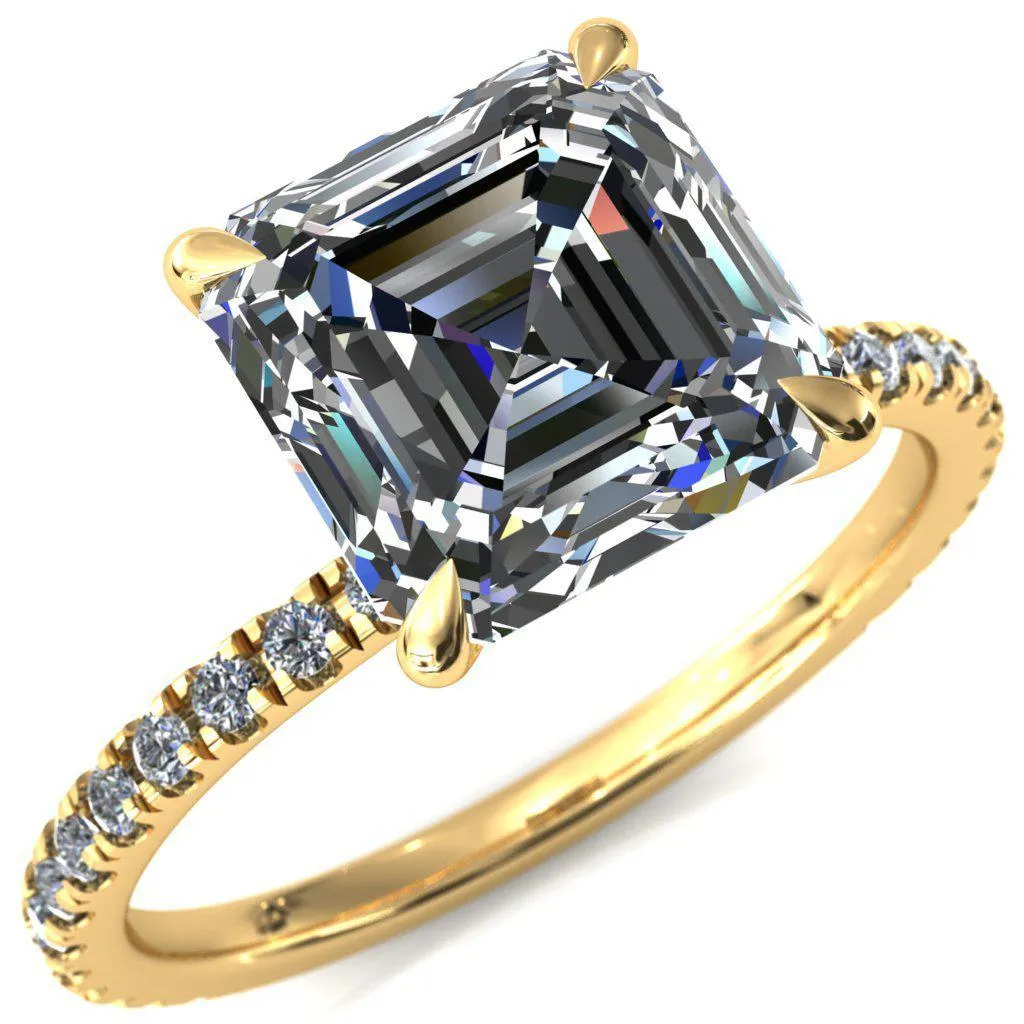 Alayna Asscher Moissanite 4 Claw Prong 3/4 Micro Pave Diamond Accent Ring Engagement Ring