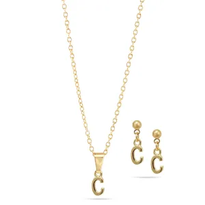 ALPHABET  "C" GOLD SMALL PENDANT SHORT NECKLACE AND EARRINGS SET (AG20)