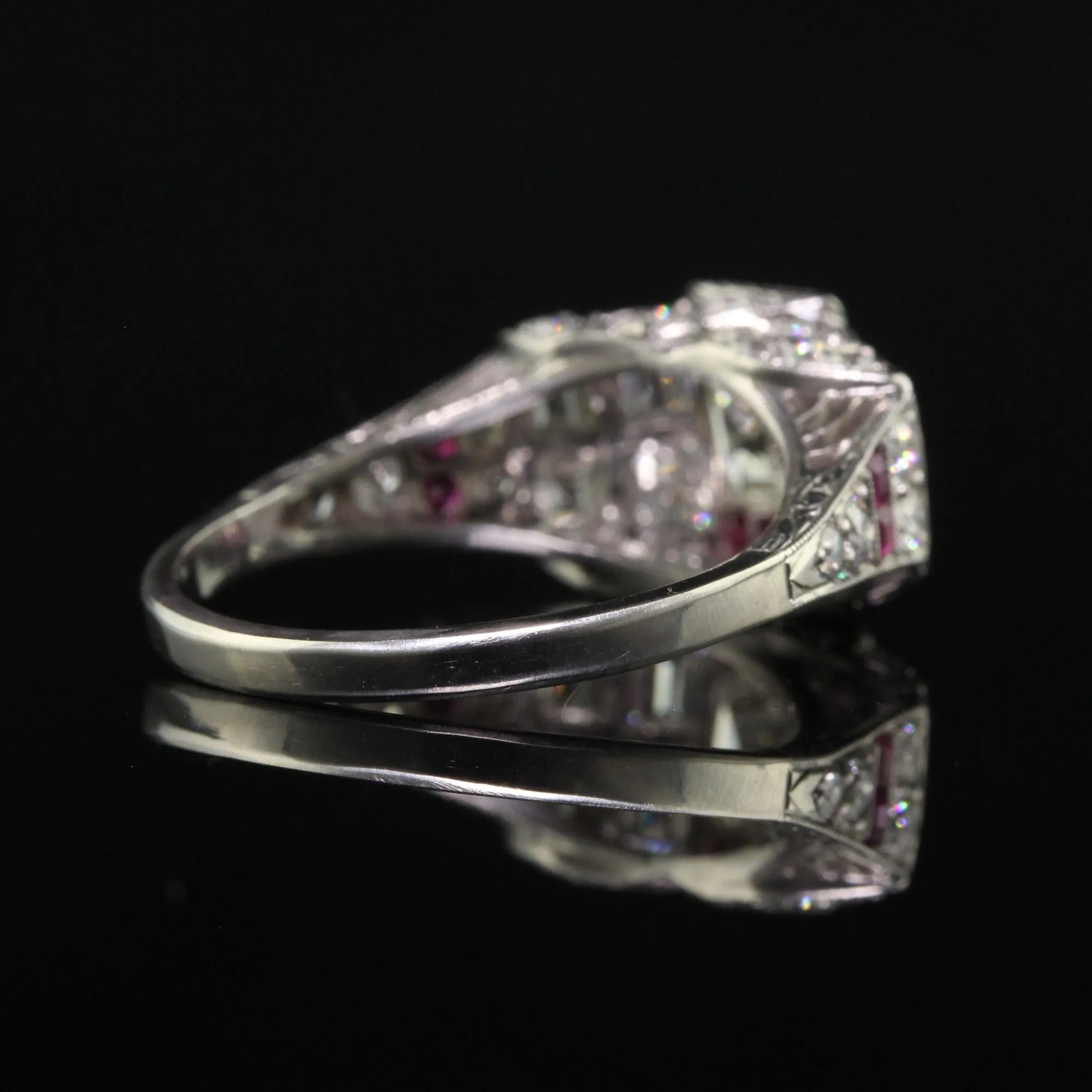 Antique Art Deco Platinum Old Asscher Cut Diamond and Ruby Engagement Ring