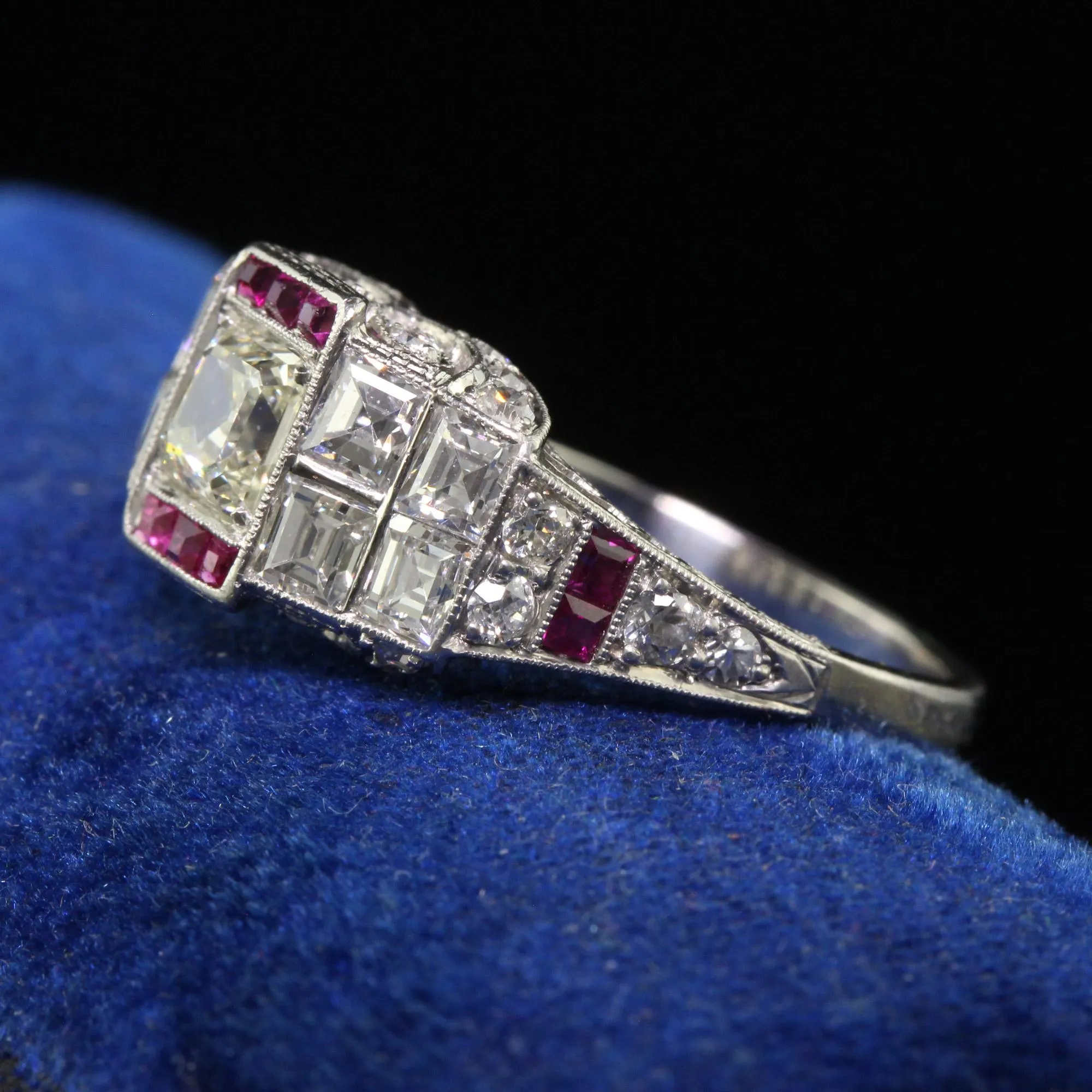 Antique Art Deco Platinum Old Asscher Cut Diamond and Ruby Engagement Ring