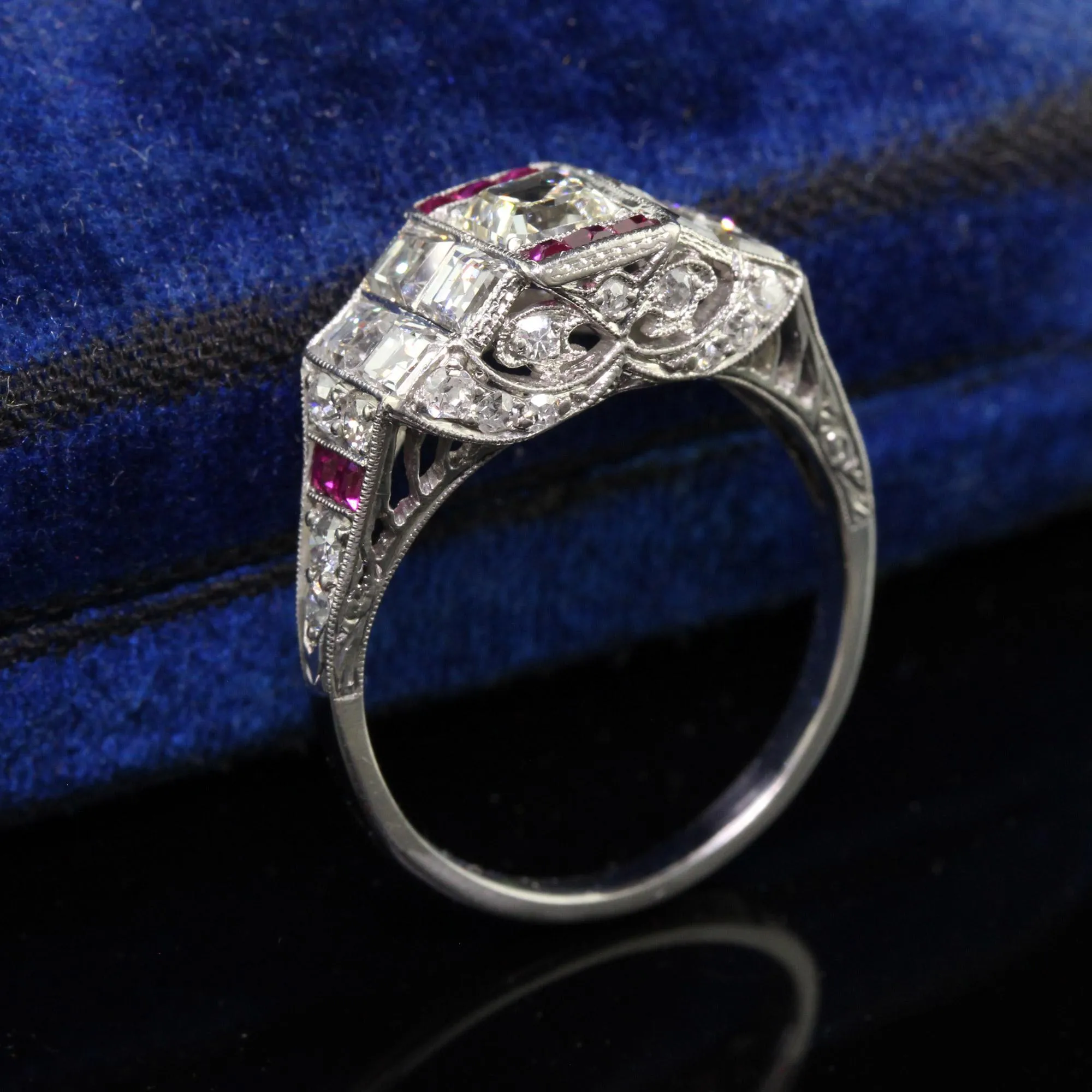 Antique Art Deco Platinum Old Asscher Cut Diamond and Ruby Engagement Ring
