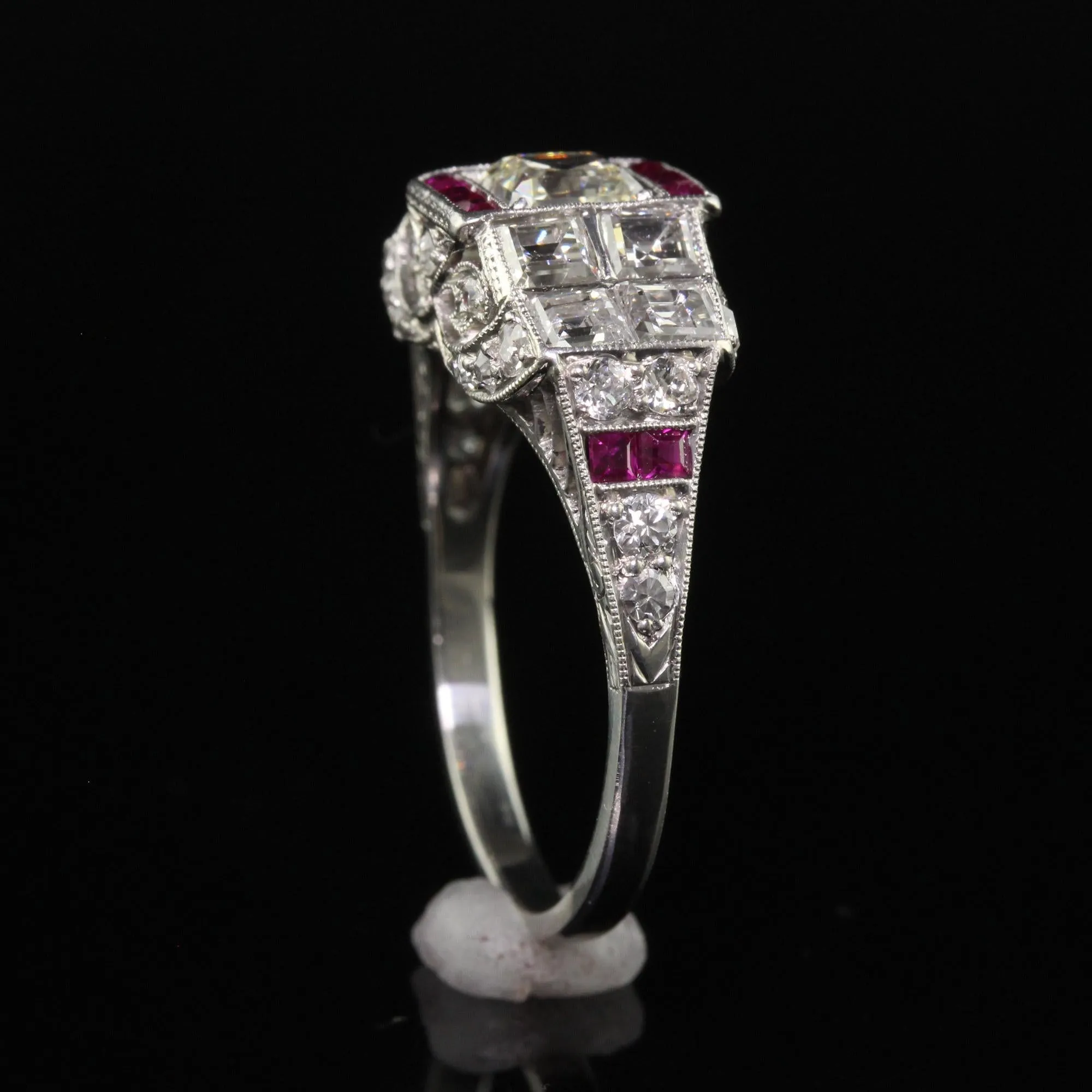 Antique Art Deco Platinum Old Asscher Cut Diamond and Ruby Engagement Ring