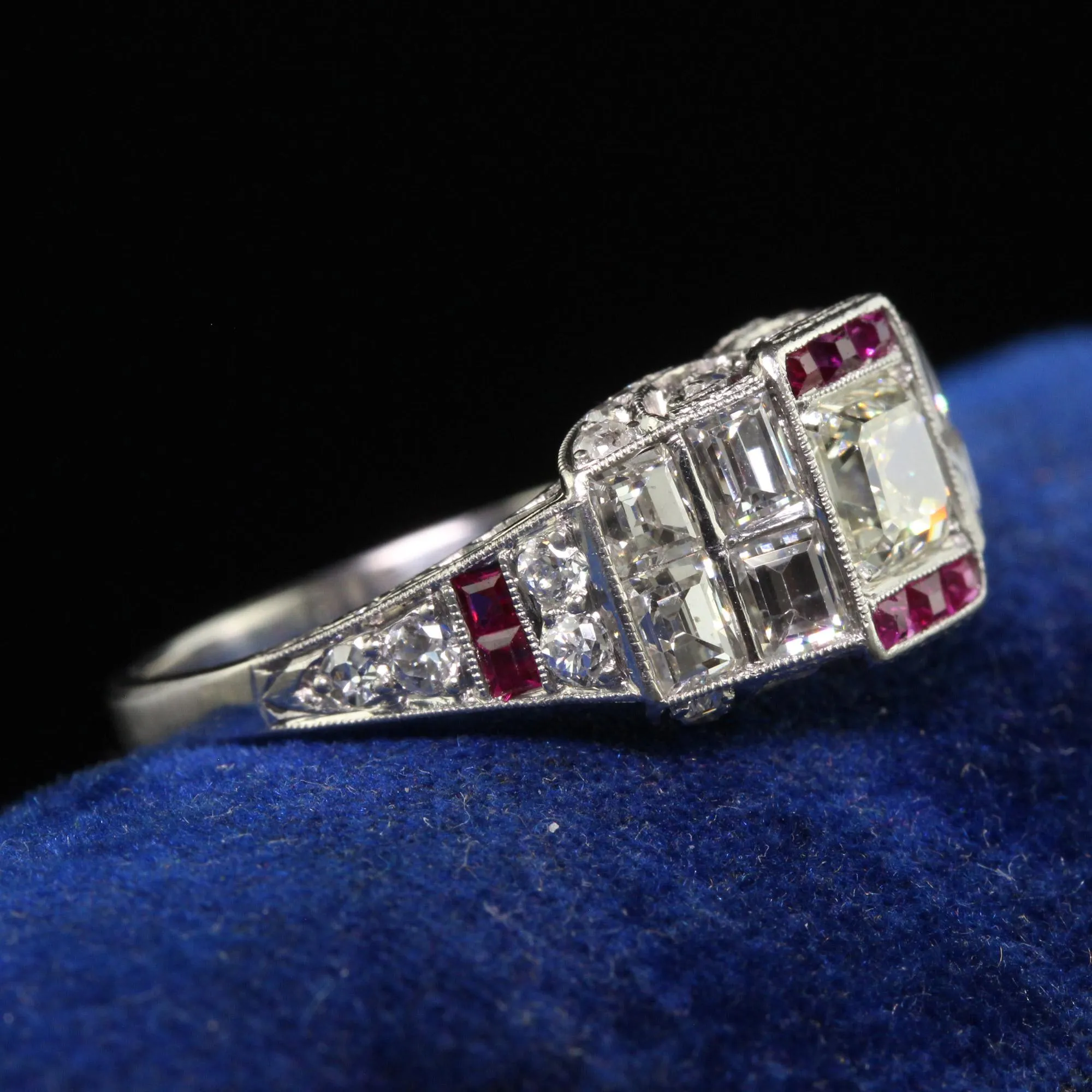 Antique Art Deco Platinum Old Asscher Cut Diamond and Ruby Engagement Ring