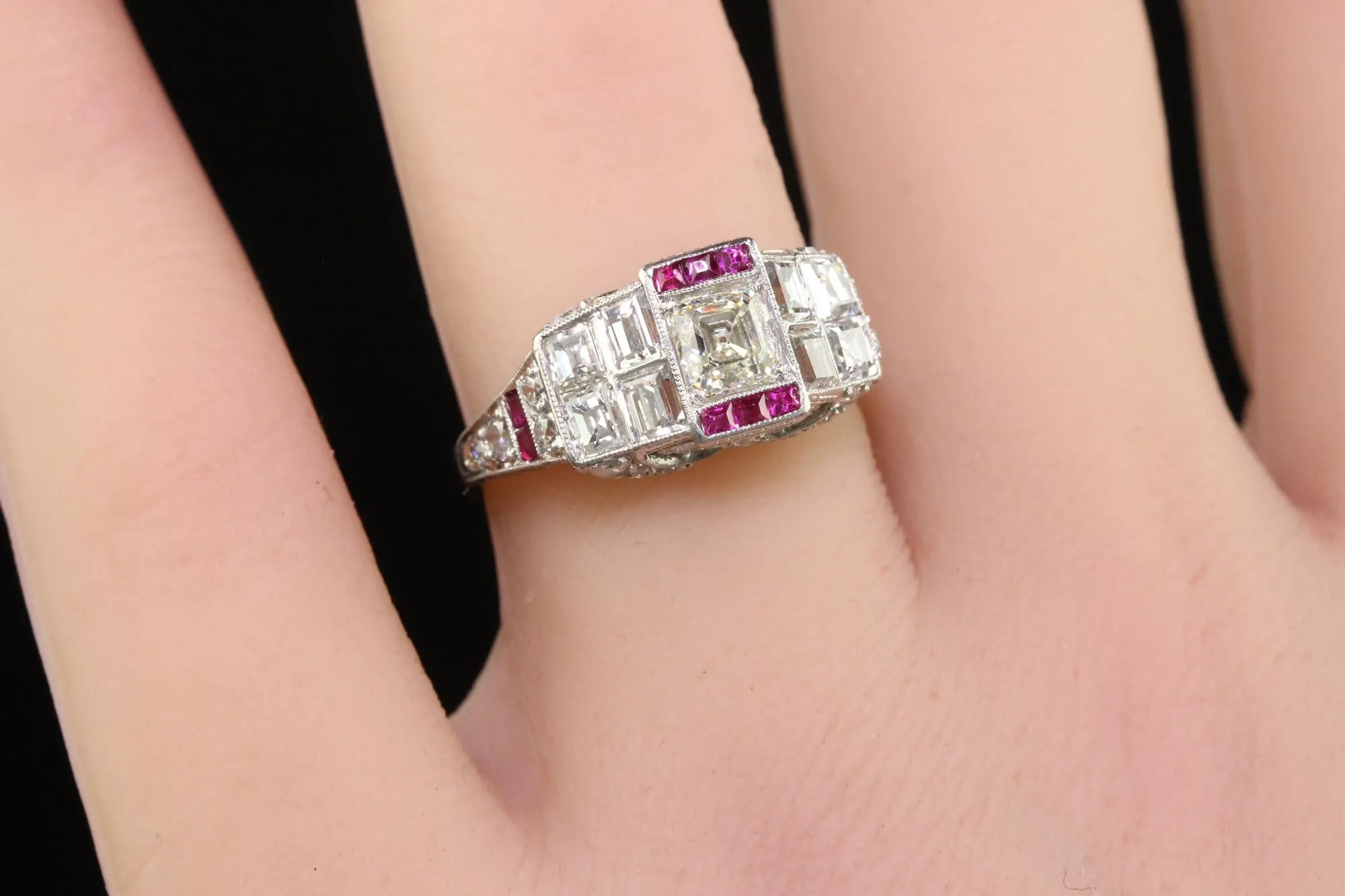 Antique Art Deco Platinum Old Asscher Cut Diamond and Ruby Engagement Ring