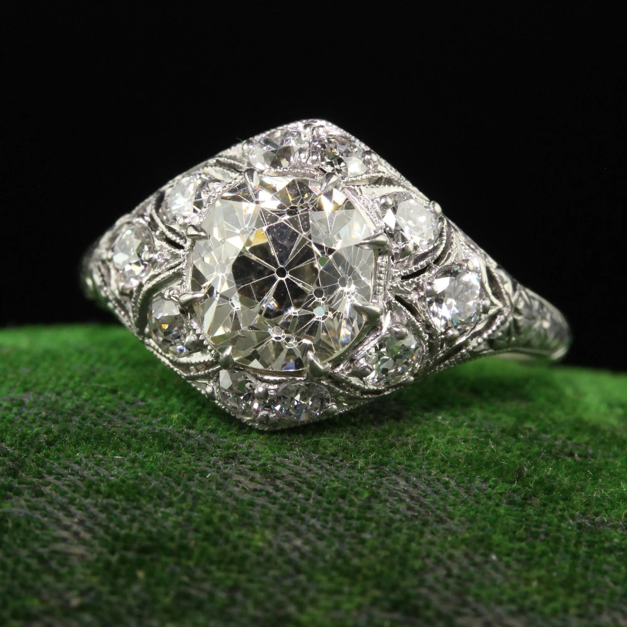 Antique Art Deco Platinum Old Mine Cut Diamond Engagement Ring - GIA