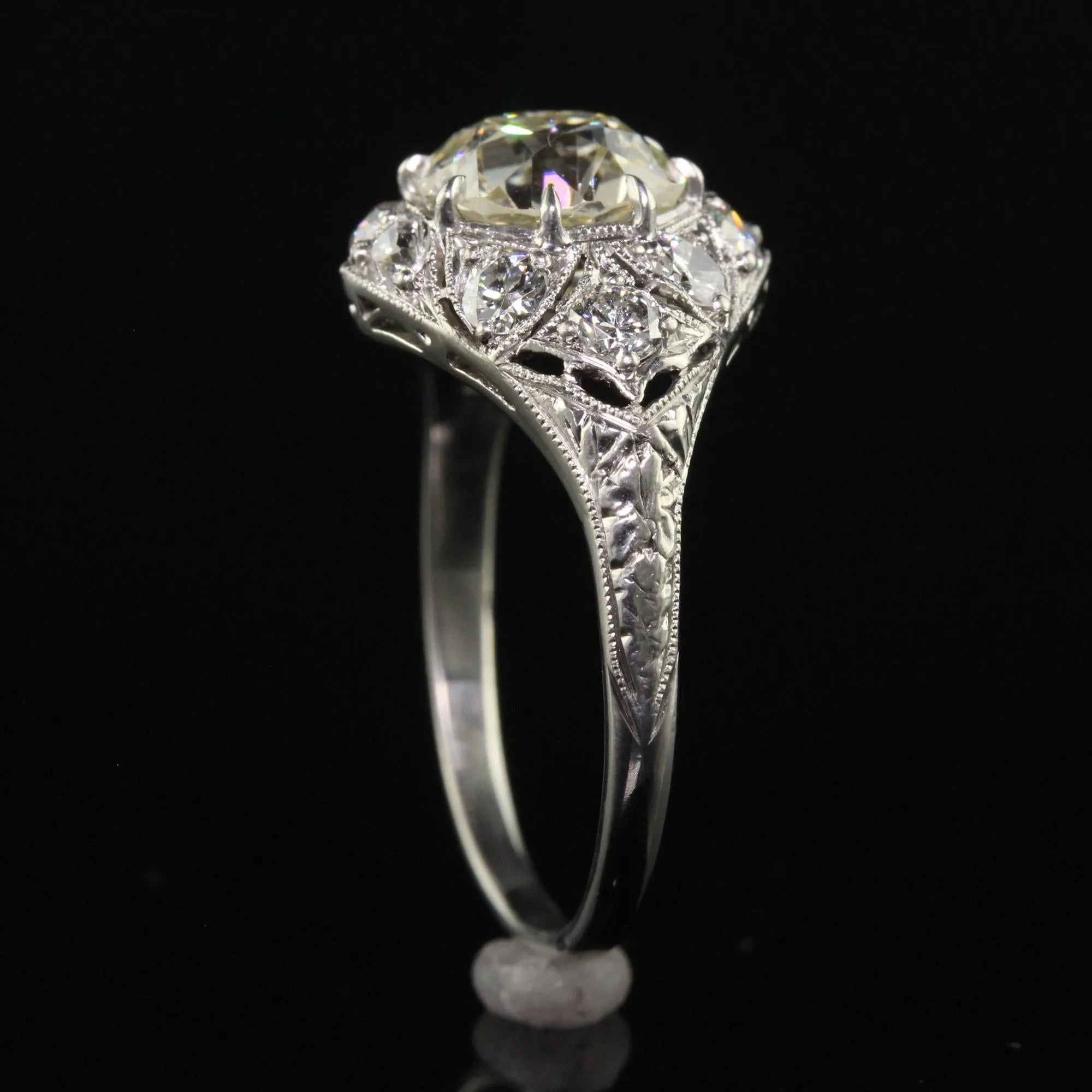 Antique Art Deco Platinum Old Mine Cut Diamond Engagement Ring - GIA