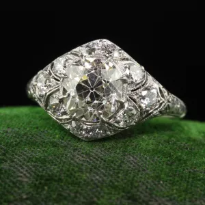 Antique Art Deco Platinum Old Mine Cut Diamond Engagement Ring - GIA