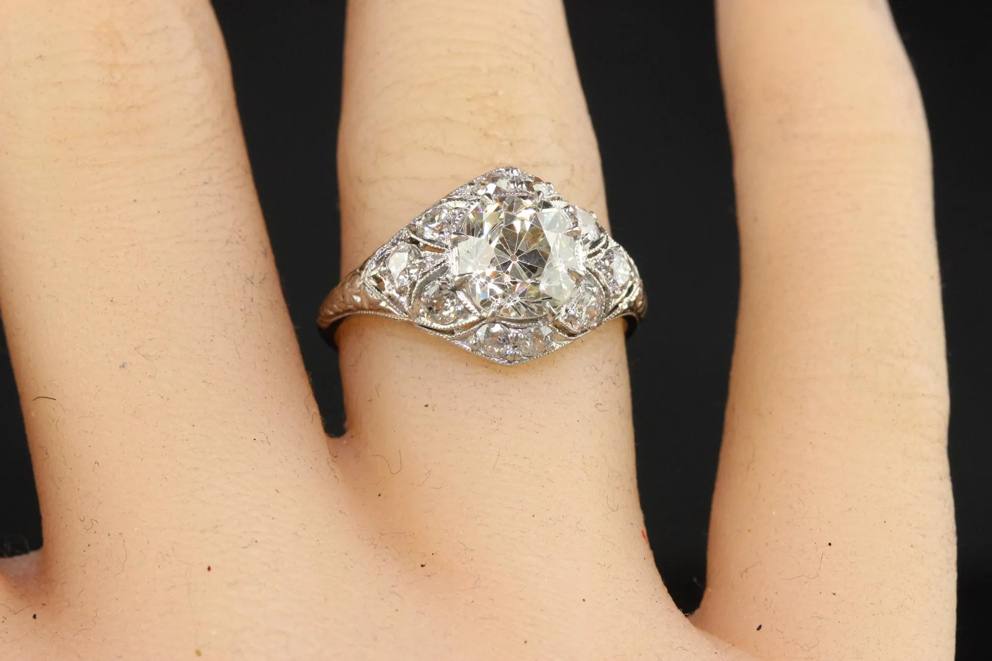 Antique Art Deco Platinum Old Mine Cut Diamond Engagement Ring - GIA