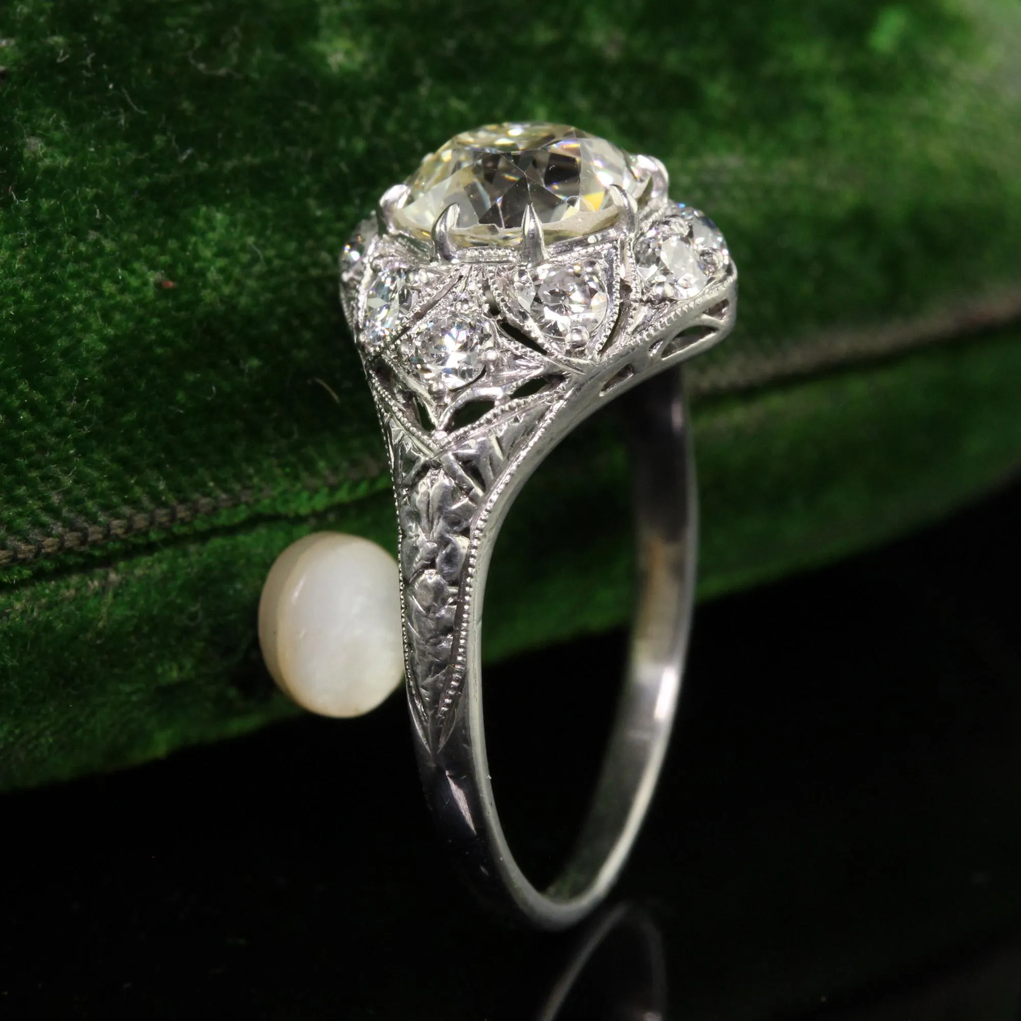 Antique Art Deco Platinum Old Mine Cut Diamond Engagement Ring - GIA
