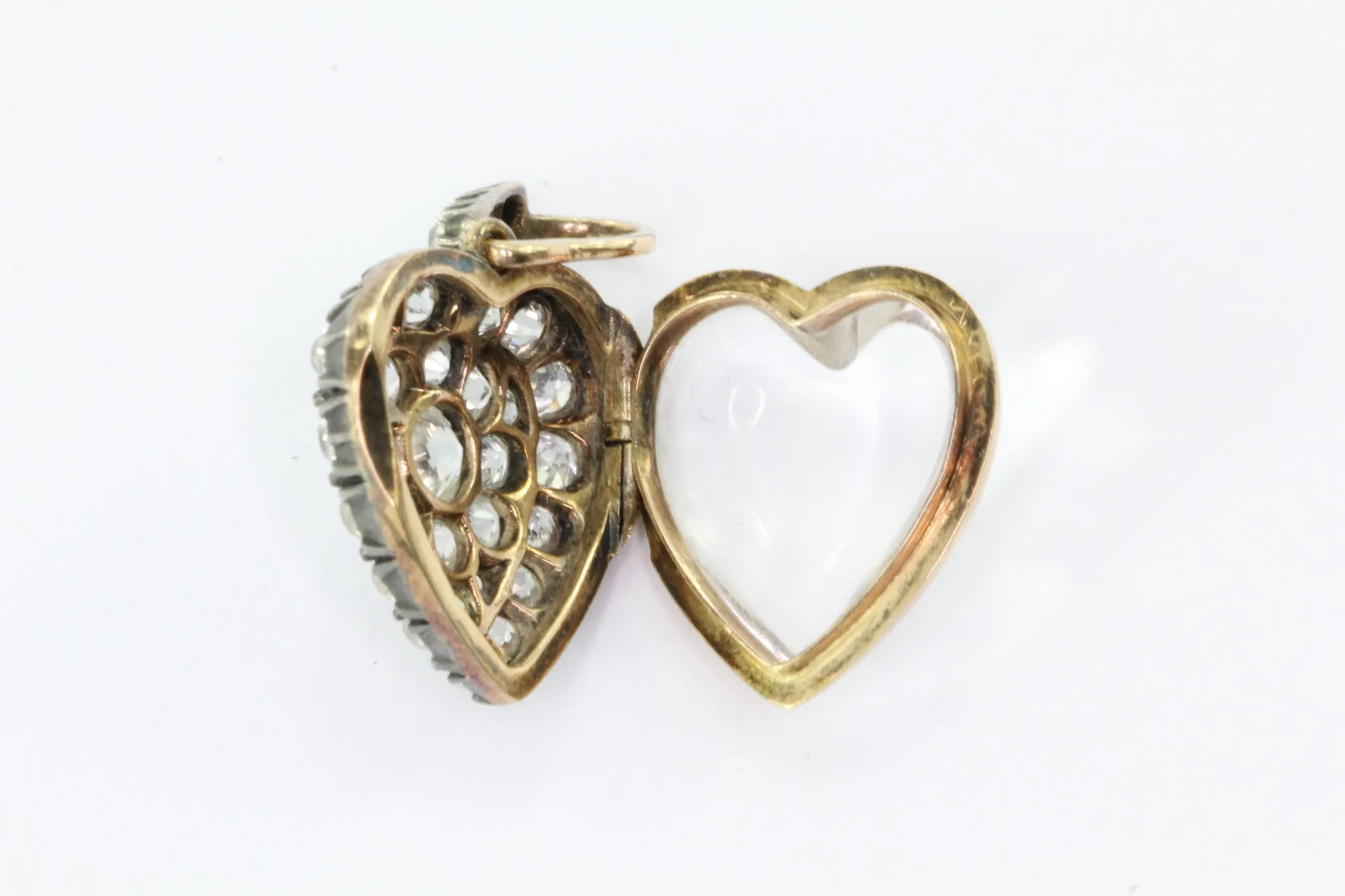 Antique Edwardian 15ct Gold Diamond Rock Crystal Heart Locket Pendant 1.25 CTW