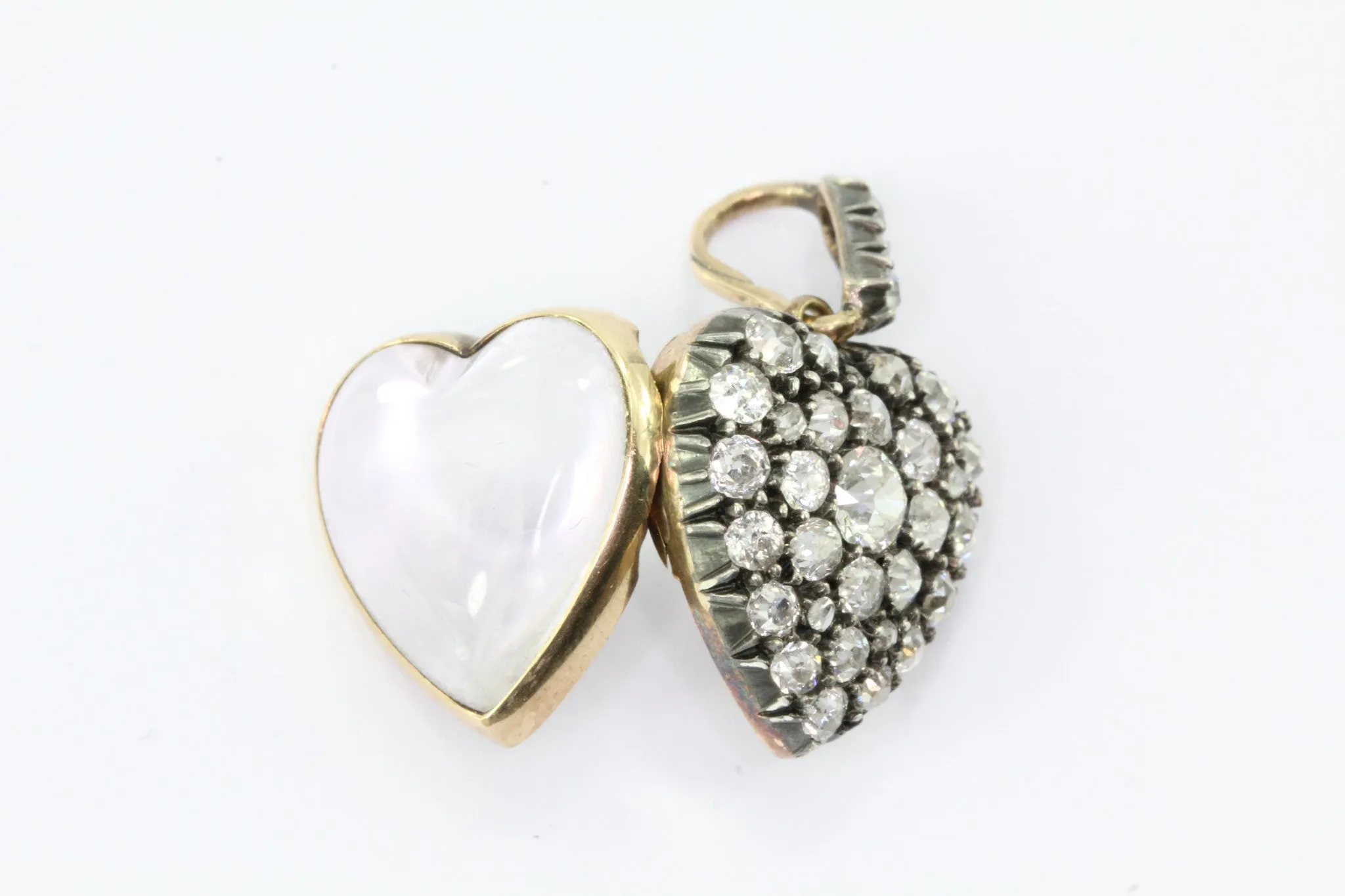 Antique Edwardian 15ct Gold Diamond Rock Crystal Heart Locket Pendant 1.25 CTW