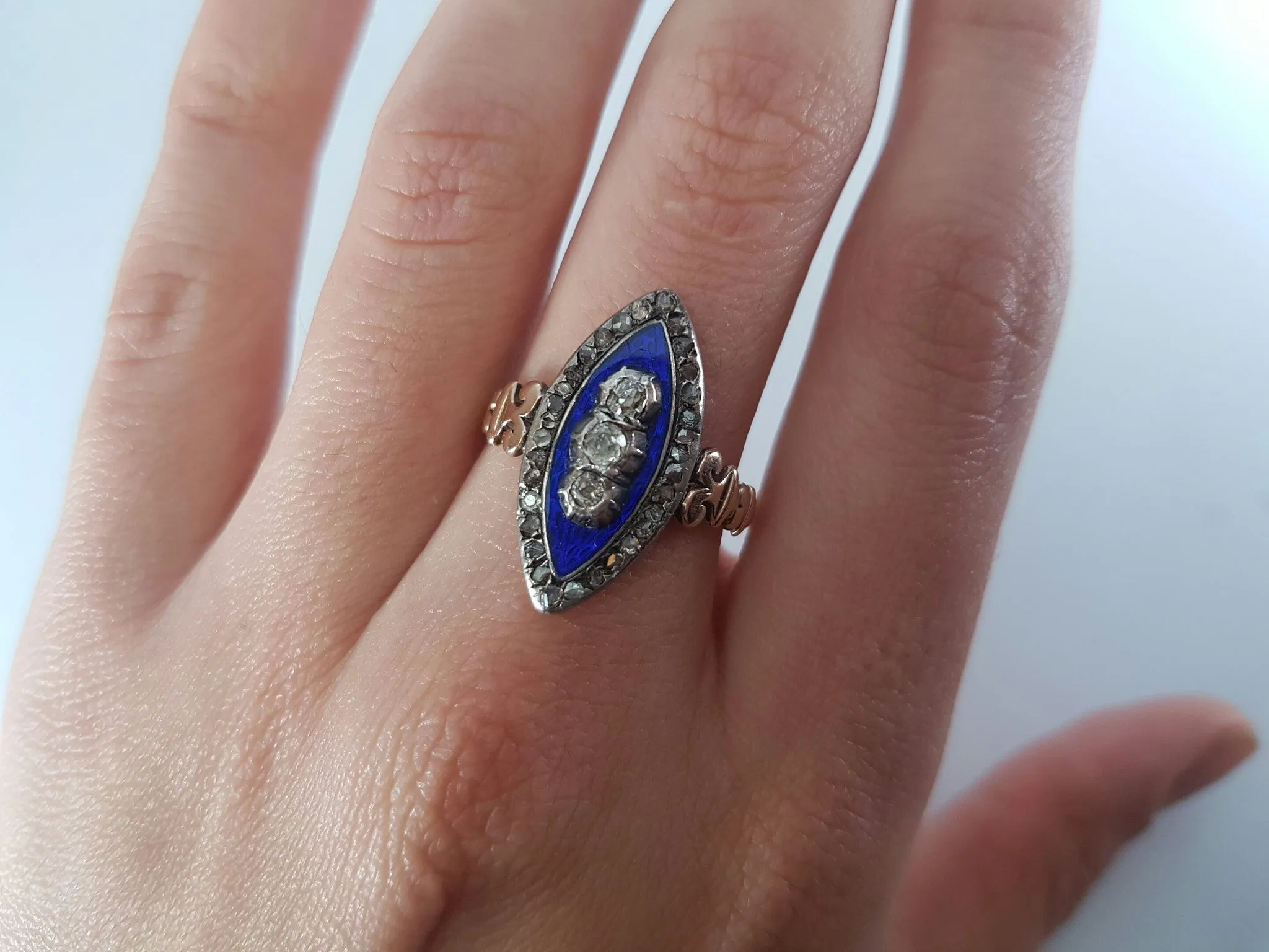 ANTIQUE ENAMEL OLD MINE CUT AND ROSE CUT DIAMOND NAVETTE STYLE RING