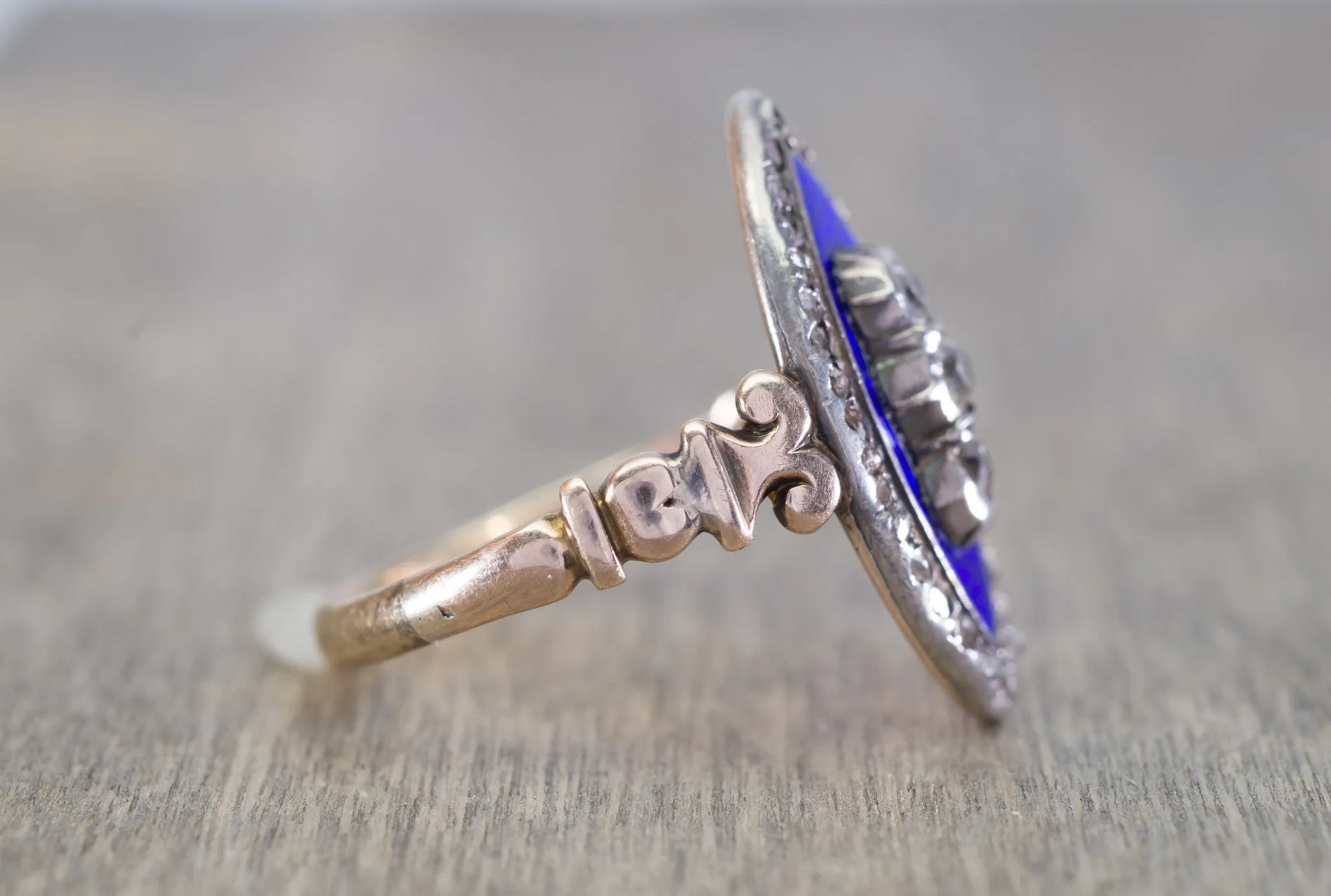 ANTIQUE ENAMEL OLD MINE CUT AND ROSE CUT DIAMOND NAVETTE STYLE RING
