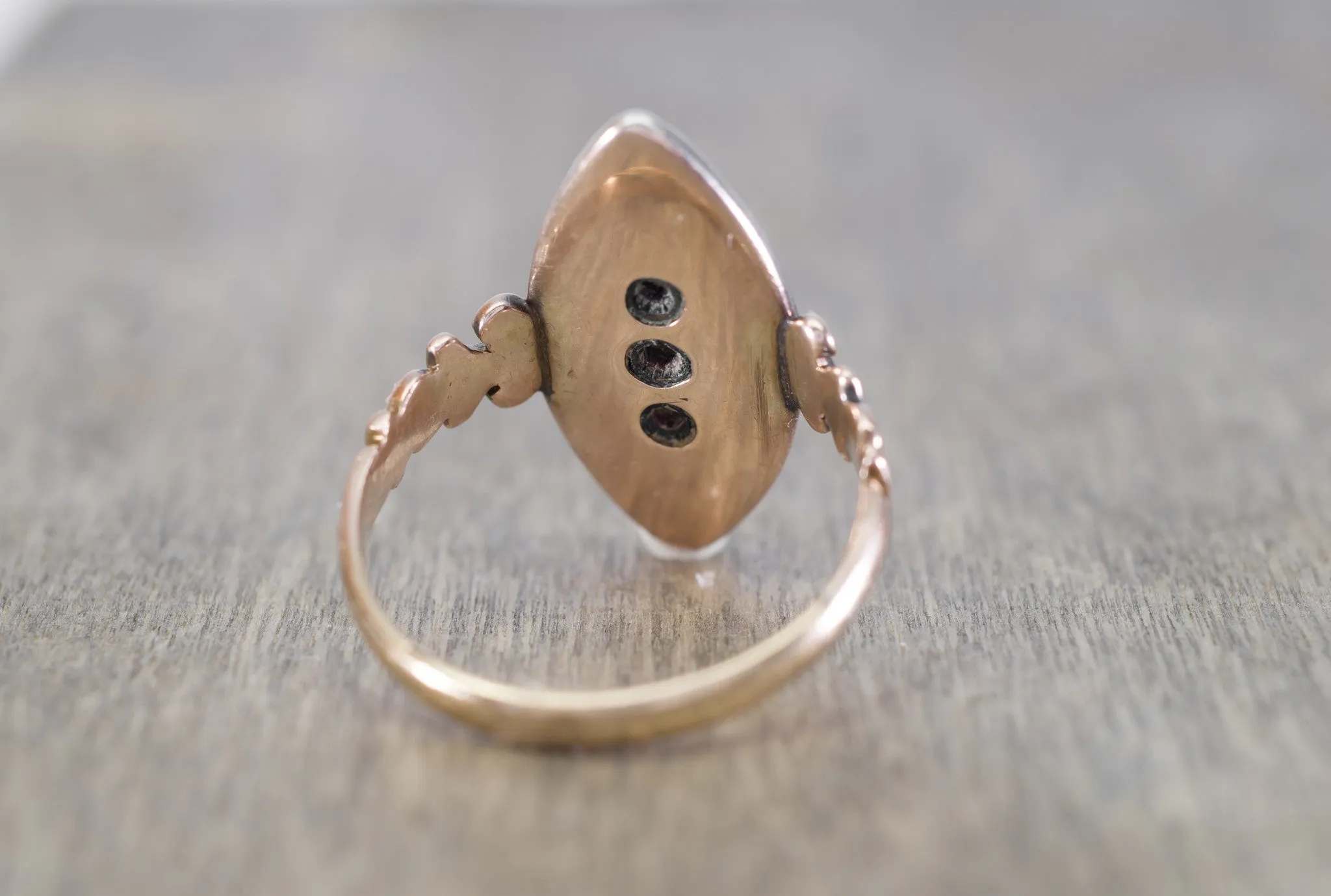 ANTIQUE ENAMEL OLD MINE CUT AND ROSE CUT DIAMOND NAVETTE STYLE RING