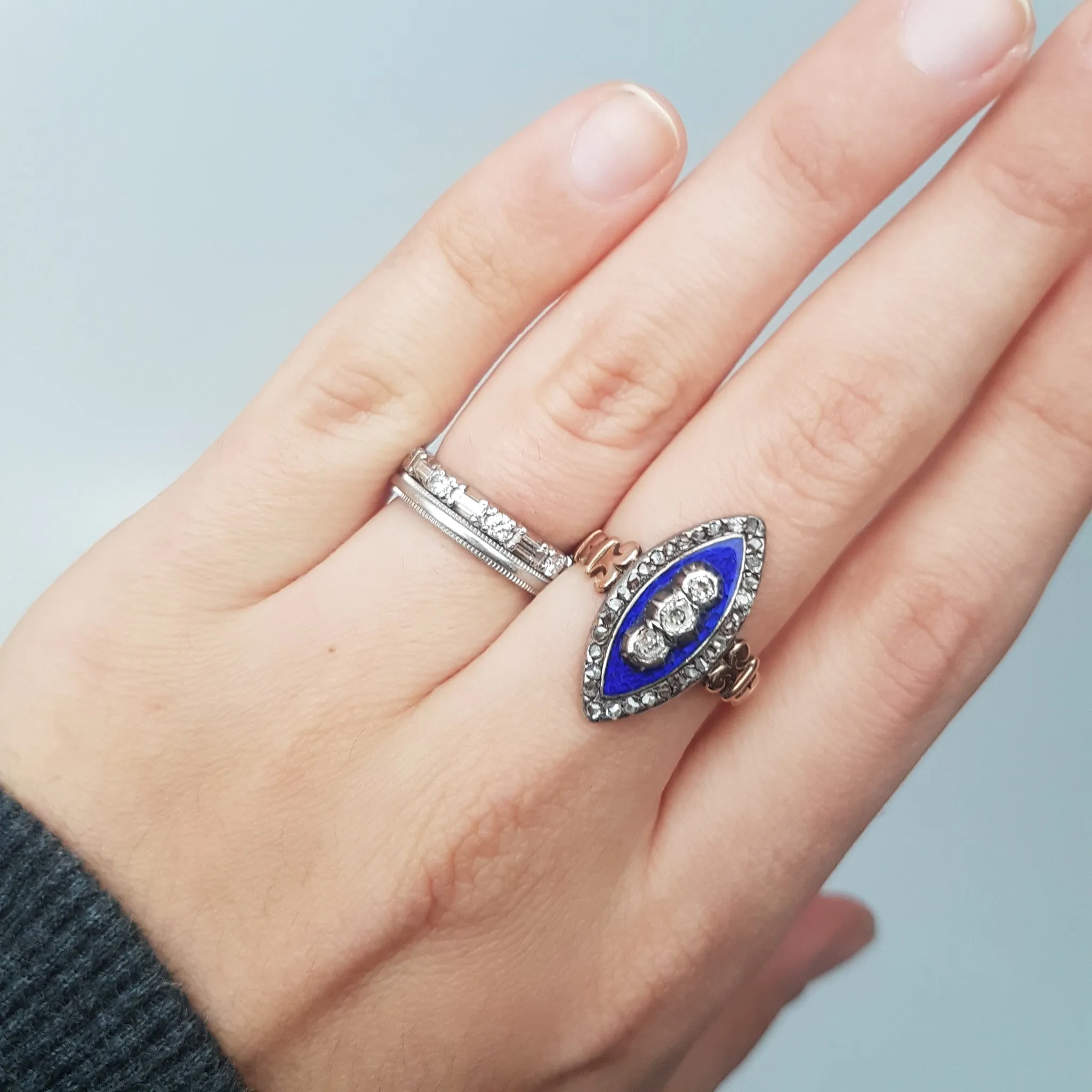 ANTIQUE ENAMEL OLD MINE CUT AND ROSE CUT DIAMOND NAVETTE STYLE RING