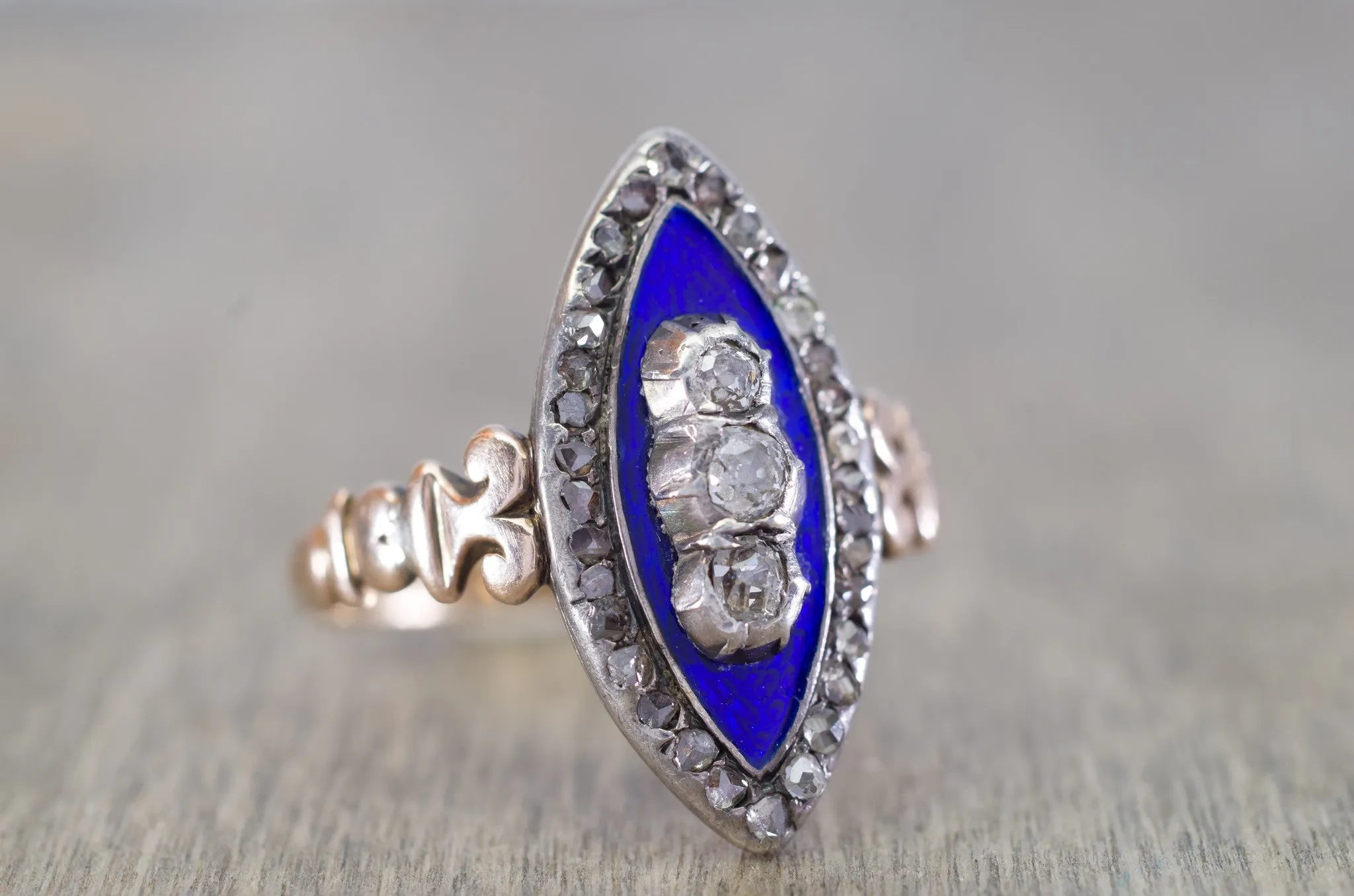 ANTIQUE ENAMEL OLD MINE CUT AND ROSE CUT DIAMOND NAVETTE STYLE RING