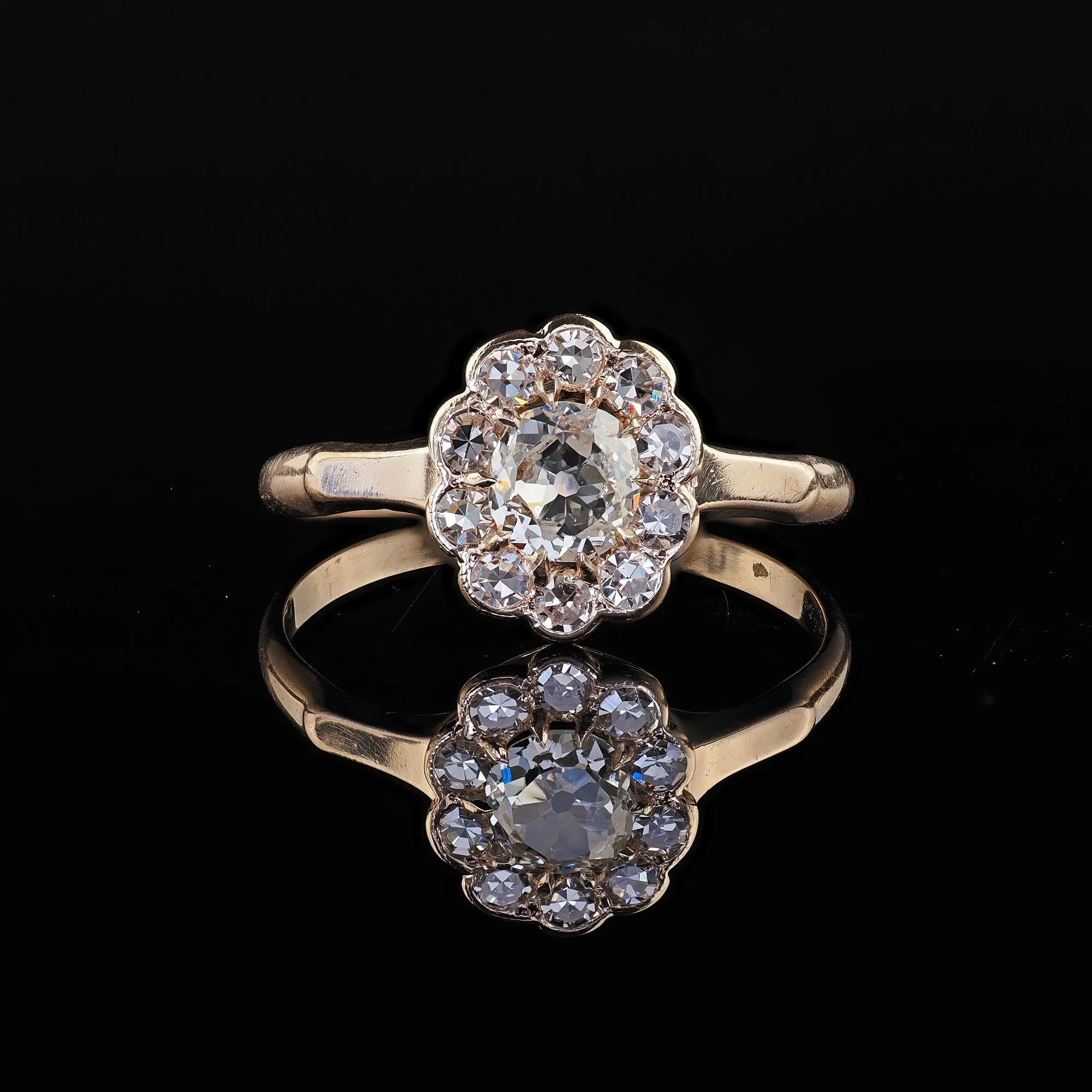 Antique Victorian 9K Yellow Gold Old Mine Diamond Cluster Engagement Ring
