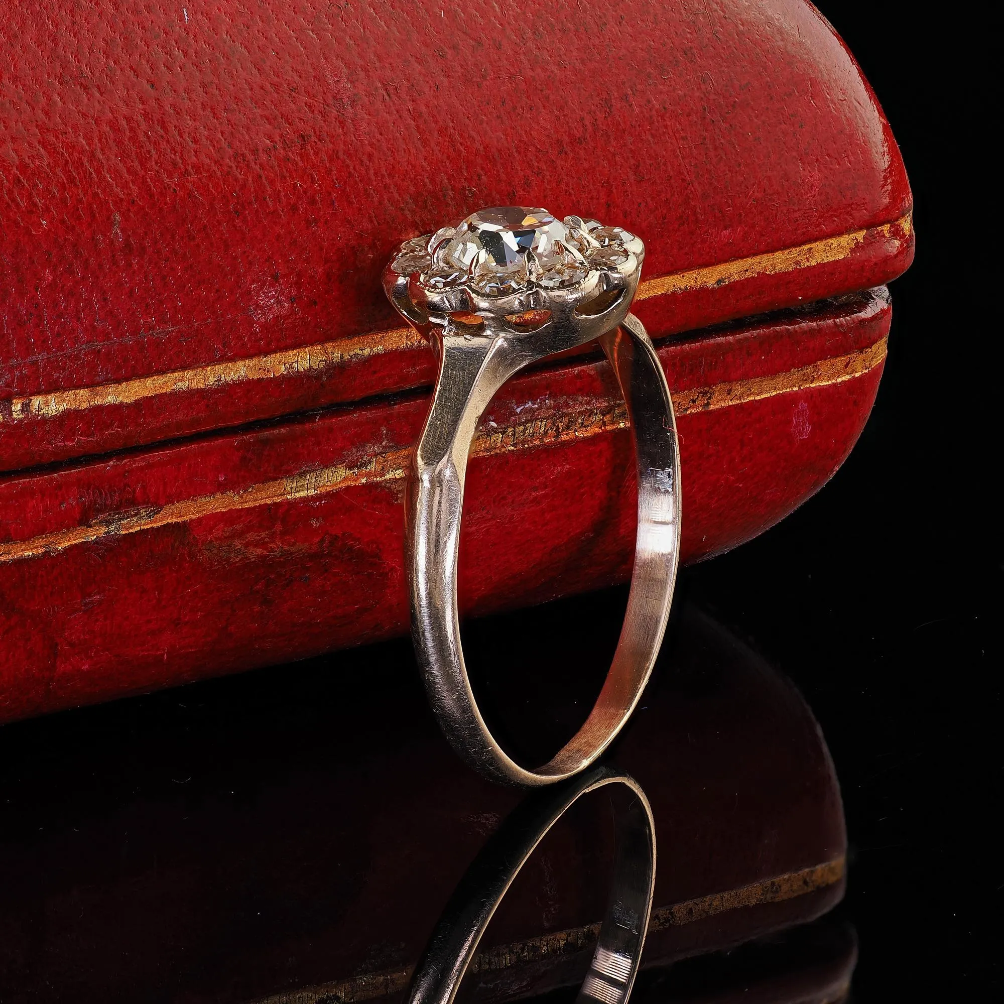 Antique Victorian 9K Yellow Gold Old Mine Diamond Cluster Engagement Ring
