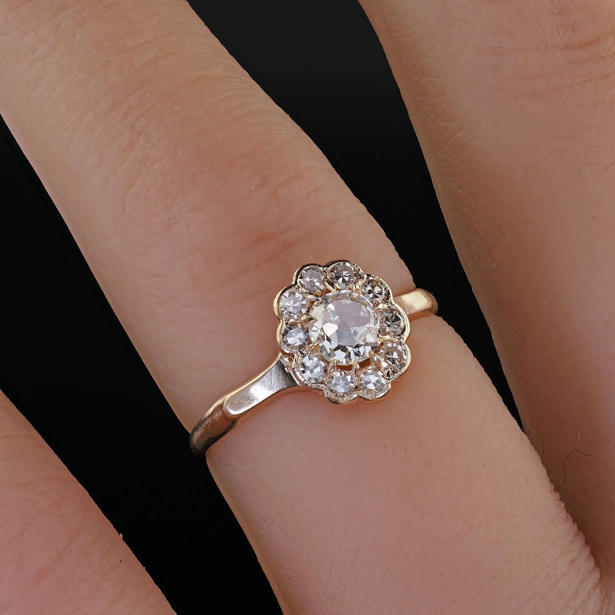Antique Victorian 9K Yellow Gold Old Mine Diamond Cluster Engagement Ring