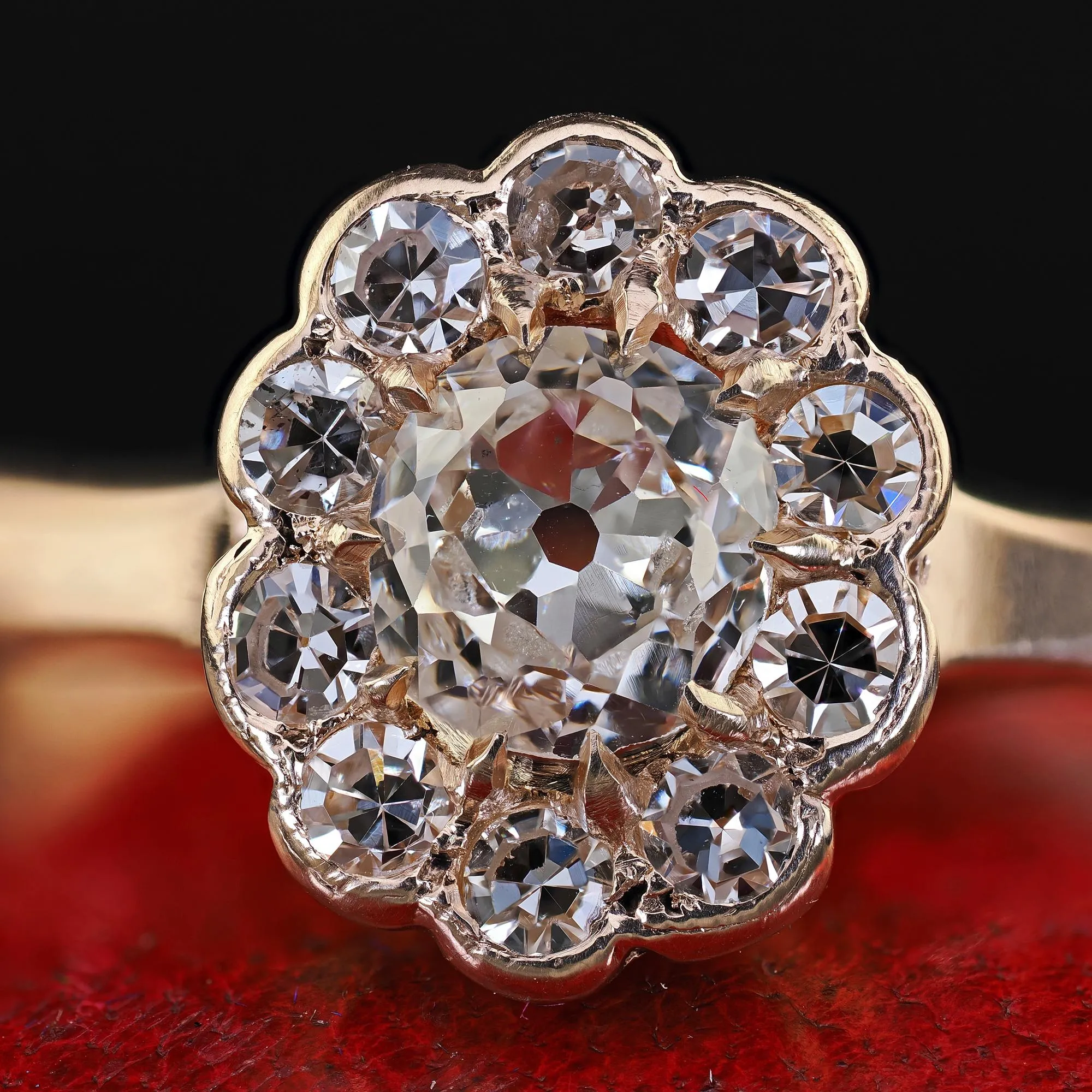 Antique Victorian 9K Yellow Gold Old Mine Diamond Cluster Engagement Ring