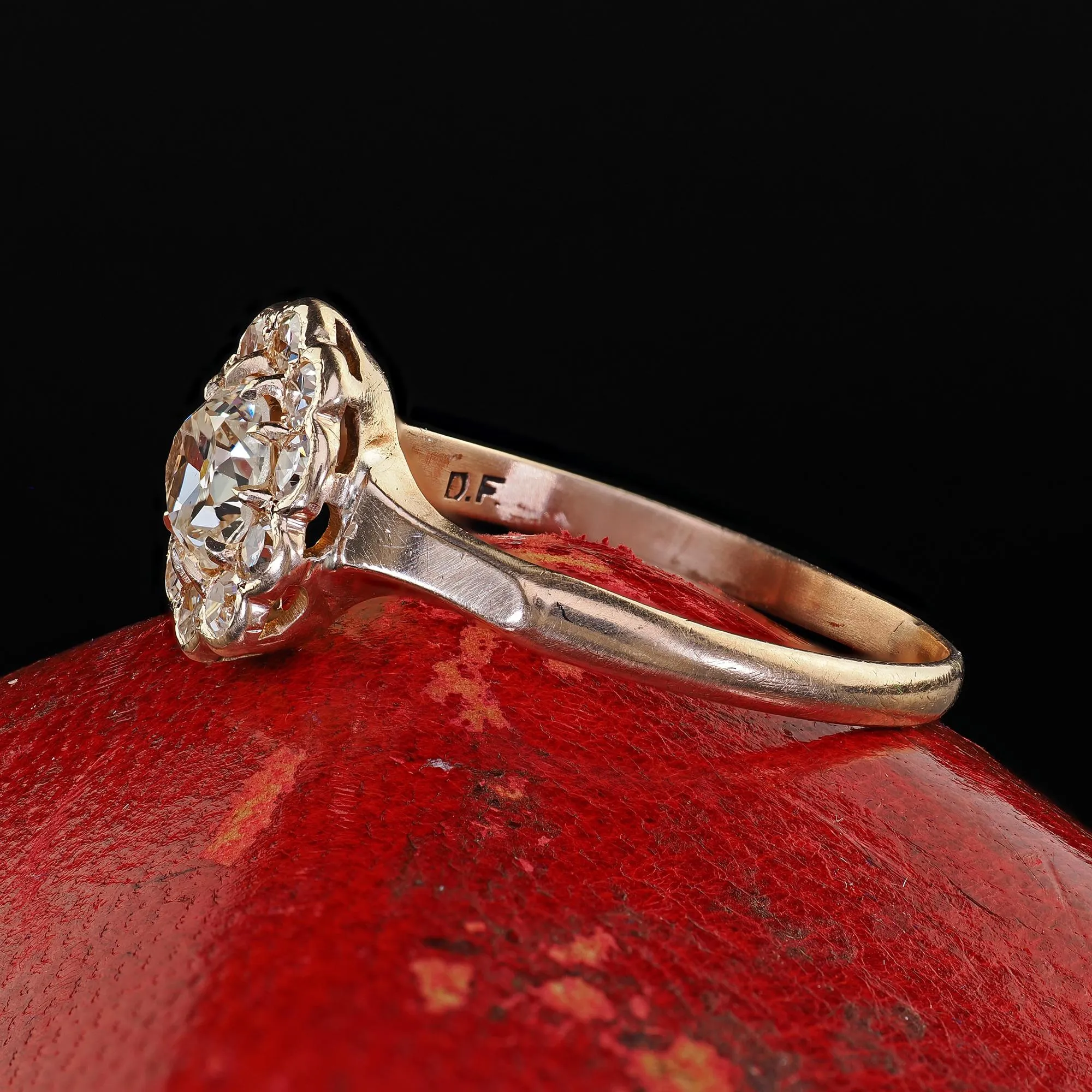 Antique Victorian 9K Yellow Gold Old Mine Diamond Cluster Engagement Ring