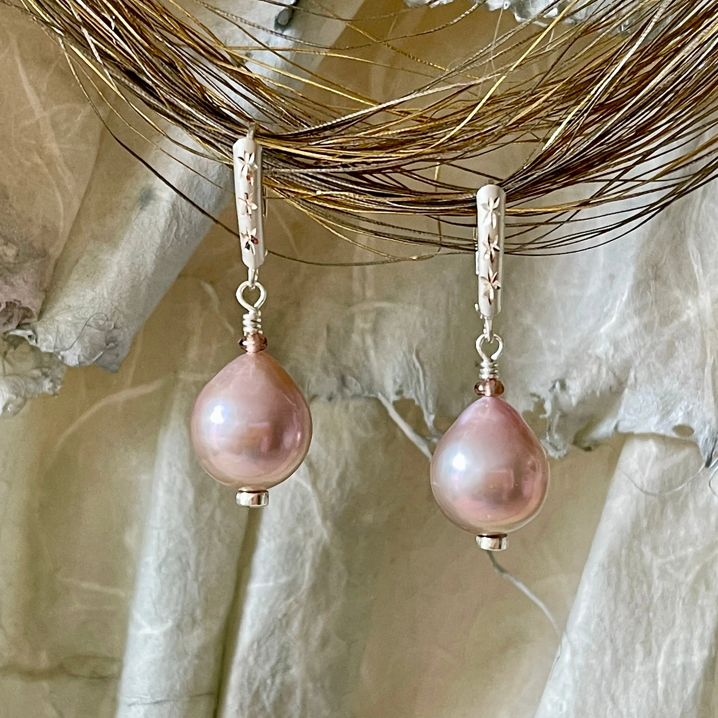 Arpaia Drop Earrings in Sterling Silver with Natural Pink Color Cultured Freshwater Plump Pear Pearls & Spinel Gemstones