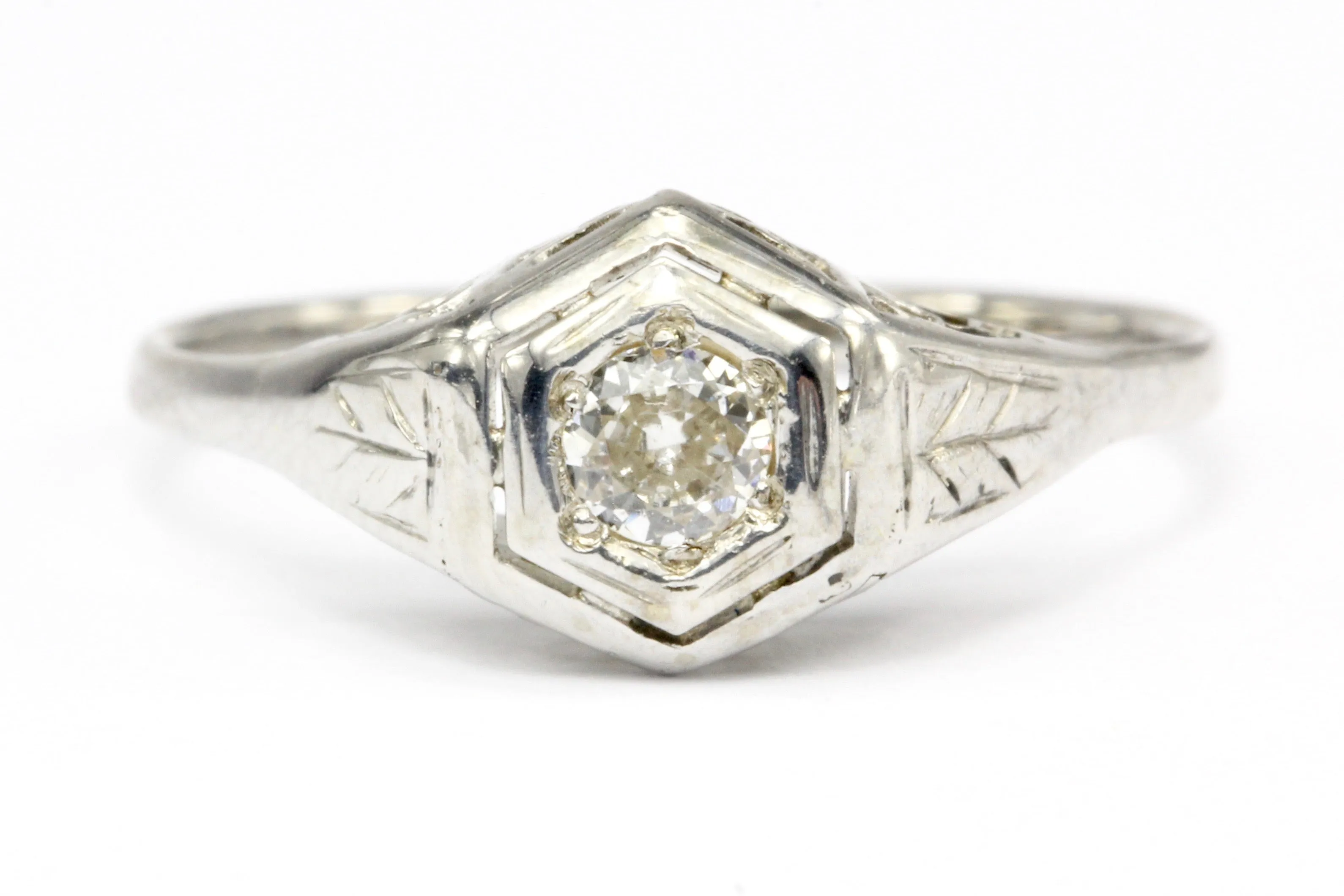 Art Deco 18K & 14K White Gold Diamond in Hexagonal Setting Engagement Ring Size 5.25
