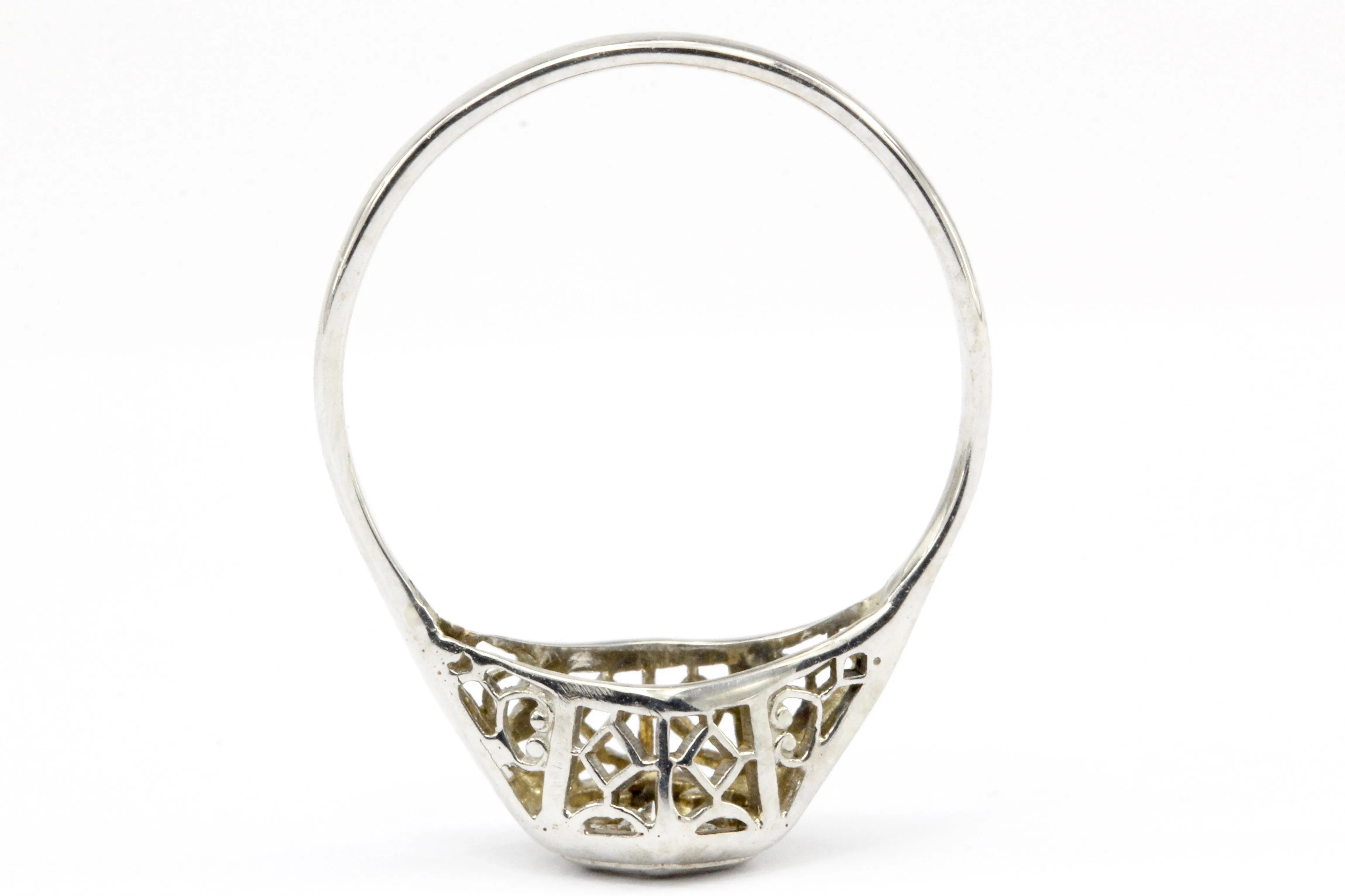 Art Deco 18K & 14K White Gold Diamond in Hexagonal Setting Engagement Ring Size 5.25