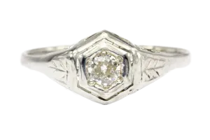 Art Deco 18K & 14K White Gold Diamond in Hexagonal Setting Engagement Ring Size 5.25