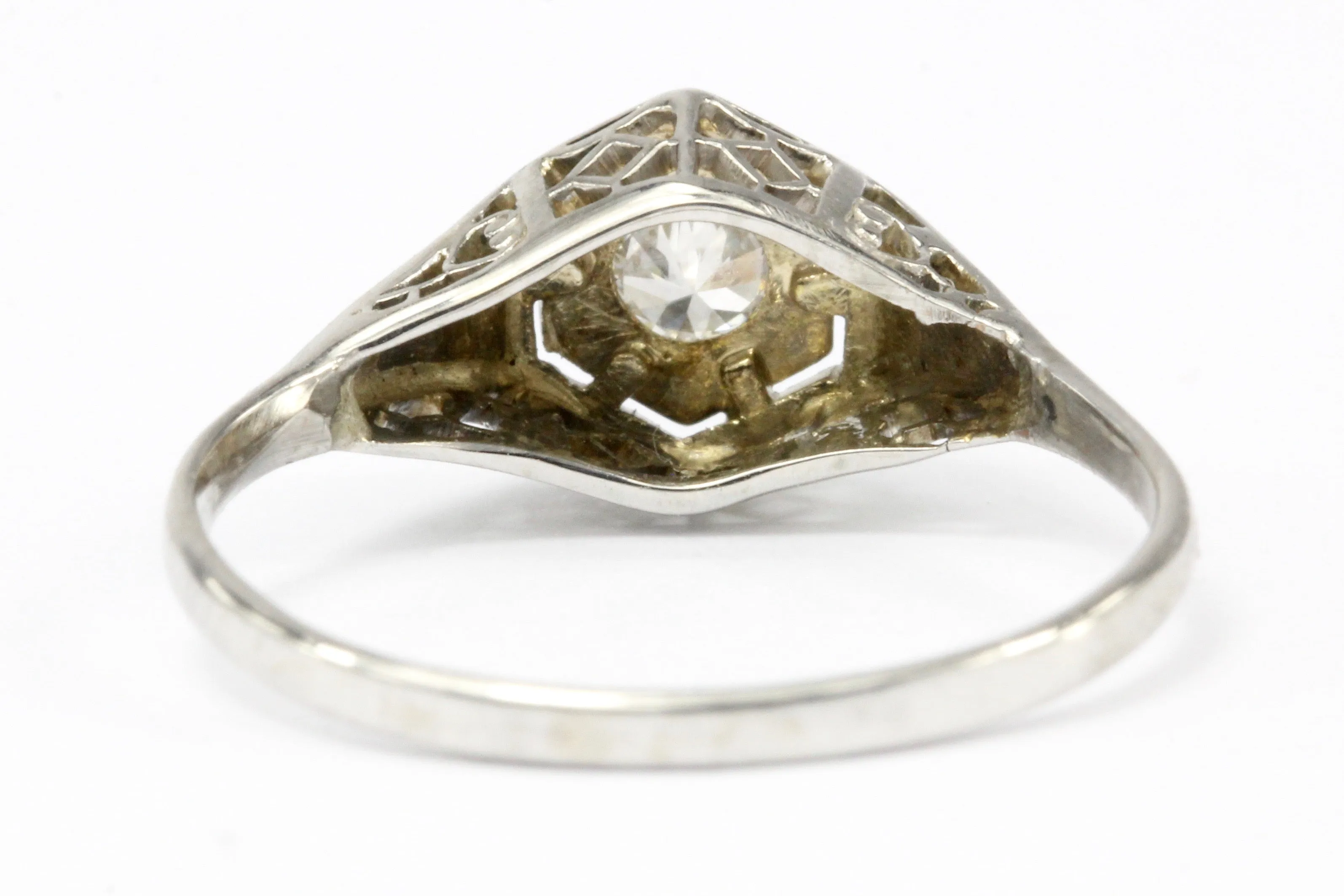 Art Deco 18K & 14K White Gold Diamond in Hexagonal Setting Engagement Ring Size 5.25