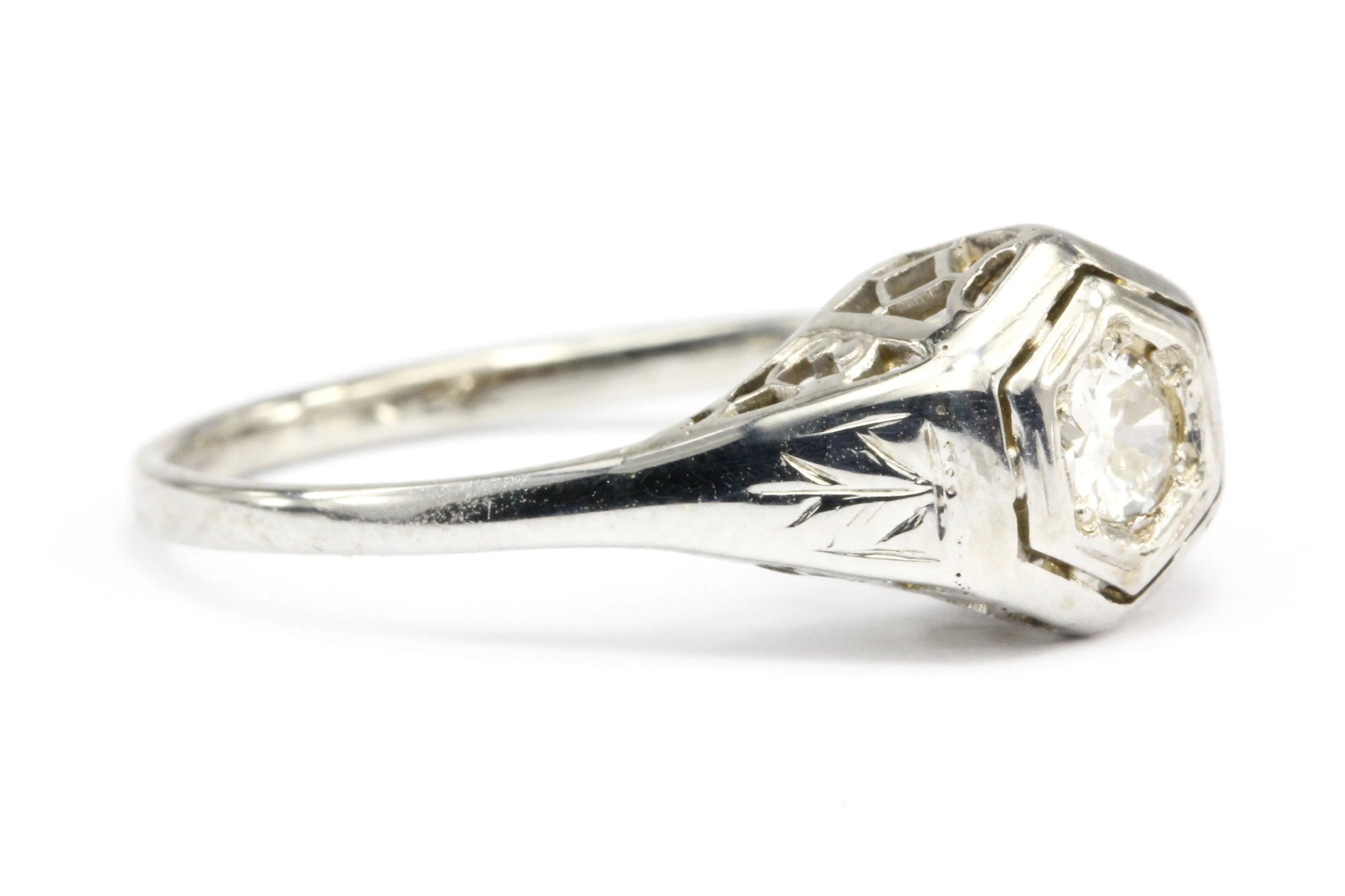 Art Deco 18K & 14K White Gold Diamond in Hexagonal Setting Engagement Ring Size 5.25