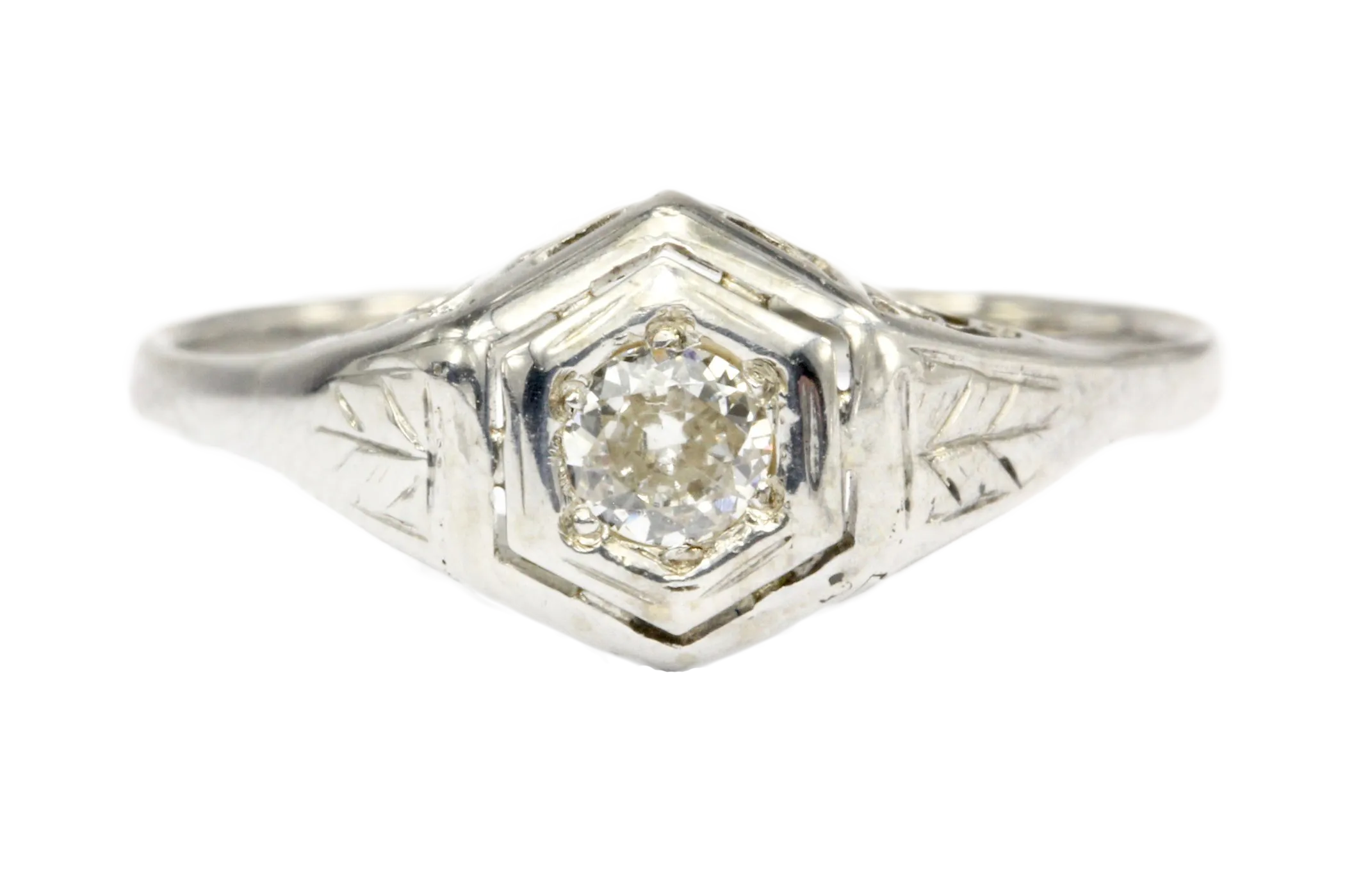 Art Deco 18K & 14K White Gold Diamond in Hexagonal Setting Engagement Ring Size 5.25