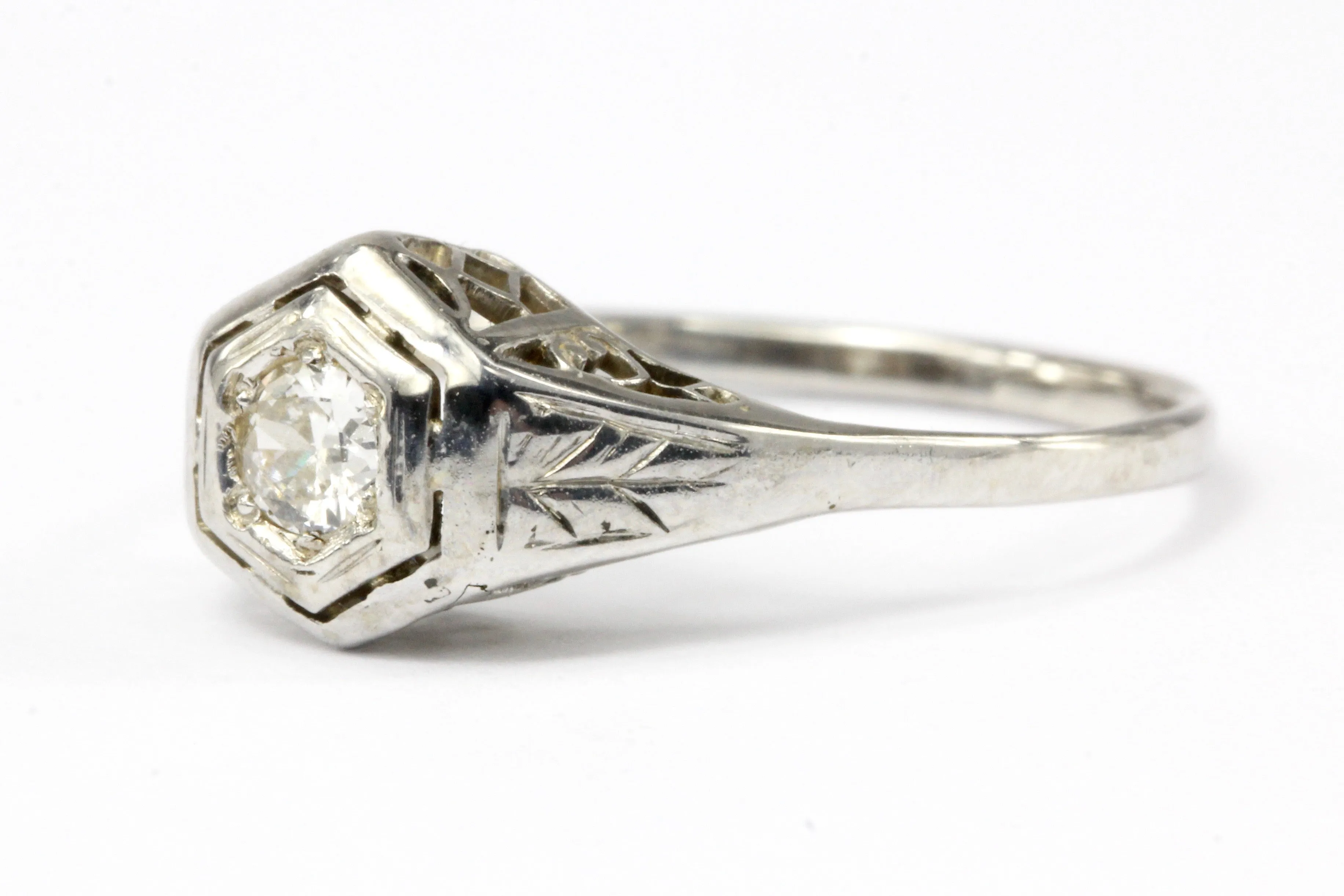 Art Deco 18K & 14K White Gold Diamond in Hexagonal Setting Engagement Ring Size 5.25
