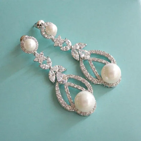 Art Deco Bridal Pearl Earrings, Long CZ Pearl Wedding Earrings, Pearl Dangle Chandelier Earrings, Wedding Jewelry, Bridesmaid Earrings