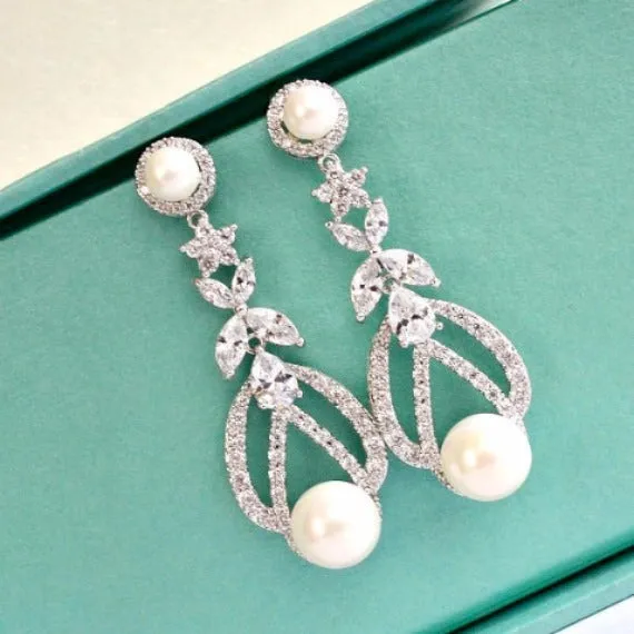 Art Deco Bridal Pearl Earrings, Long CZ Pearl Wedding Earrings, Pearl Dangle Chandelier Earrings, Wedding Jewelry, Bridesmaid Earrings