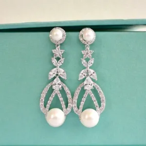 Art Deco Bridal Pearl Earrings, Long CZ Pearl Wedding Earrings, Pearl Dangle Chandelier Earrings, Wedding Jewelry, Bridesmaid Earrings