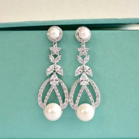 Art Deco Bridal Pearl Earrings, Long CZ Pearl Wedding Earrings, Pearl Dangle Chandelier Earrings, Wedding Jewelry, Bridesmaid Earrings