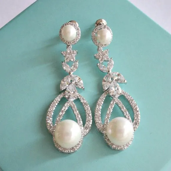 Art Deco Bridal Pearl Earrings, Long CZ Pearl Wedding Earrings, Pearl Dangle Chandelier Earrings, Wedding Jewelry, Bridesmaid Earrings