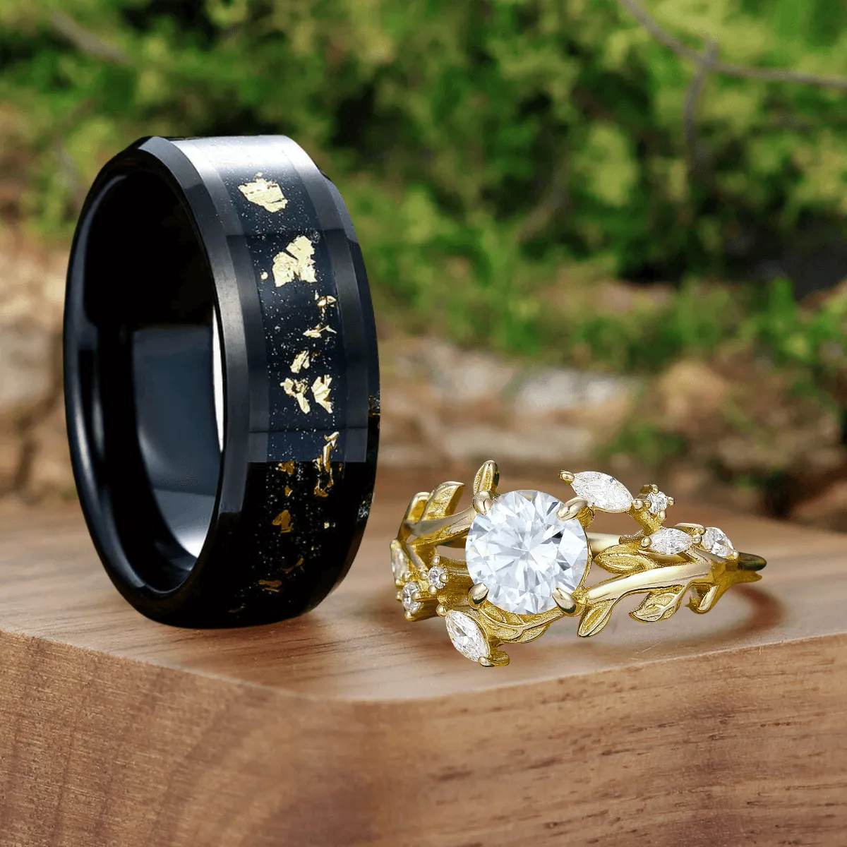 Art Deco Floral Leaf Moissanite Engagement His and Hers Wedding Ring Matching Promise Couple Ring Set For Gift