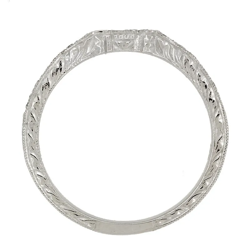Art Deco Loving Hearts Contoured Antique Carved Wheat Diamond Wedding Ring in White Gold