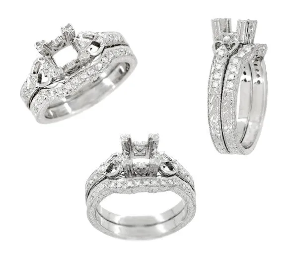 Art Deco Loving Hearts Contoured Antique Carved Wheat Diamond Wedding Ring in White Gold