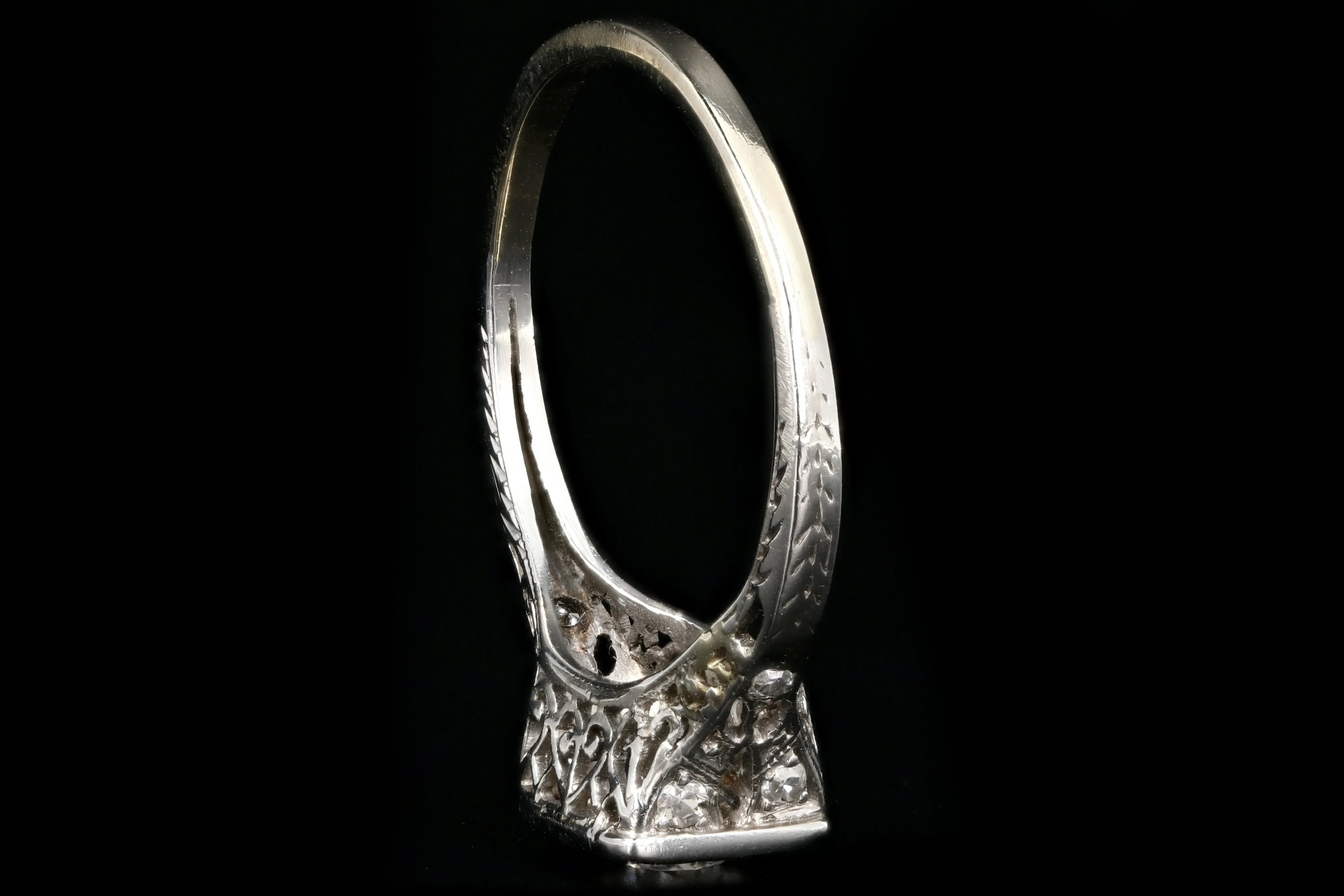 Art Deco Platinum .43 Carat Old European Cut Diamond and Sapphire Square Top Ring
