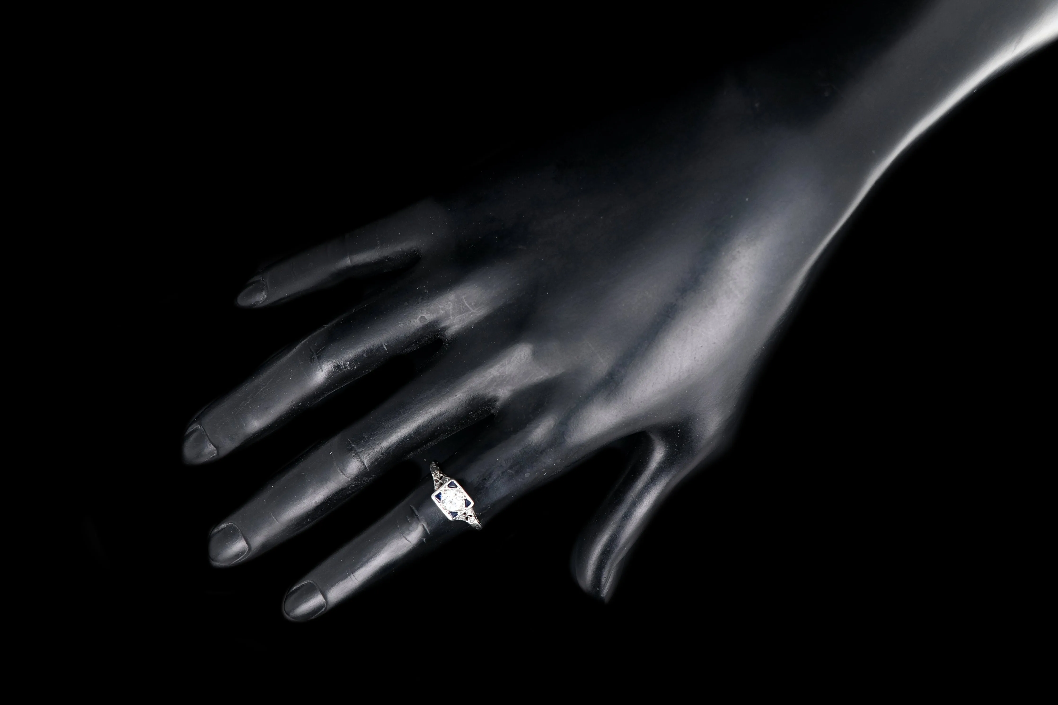 Art Deco Platinum .43 Carat Old European Cut Diamond and Sapphire Square Top Ring