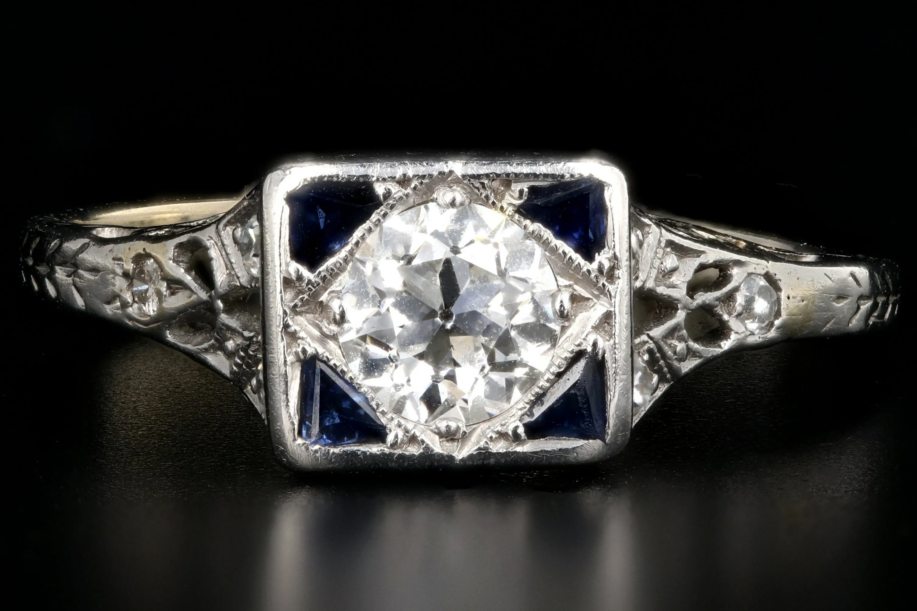 Art Deco Platinum .43 Carat Old European Cut Diamond and Sapphire Square Top Ring