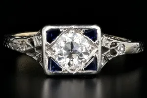 Art Deco Platinum .43 Carat Old European Cut Diamond and Sapphire Square Top Ring