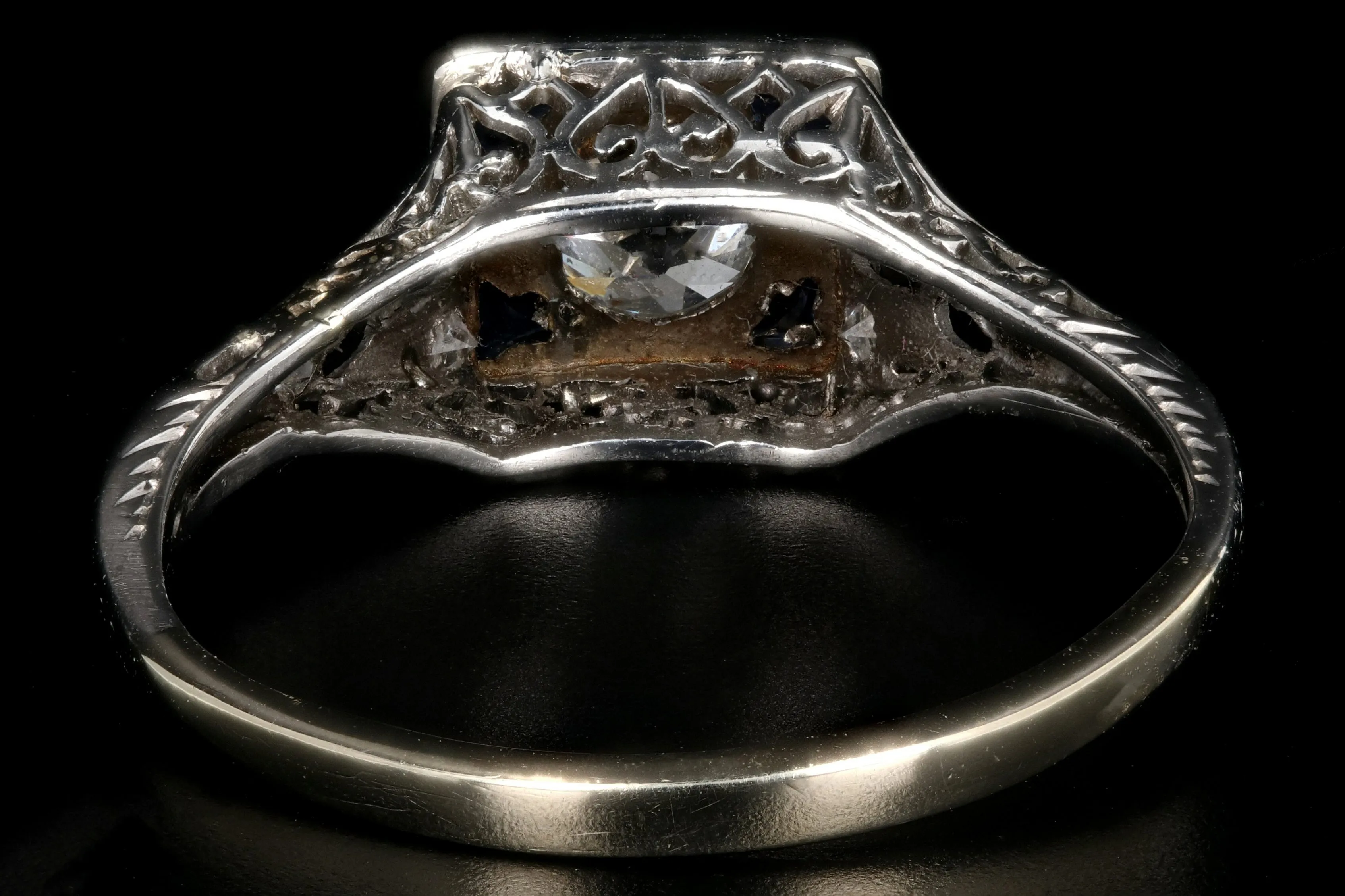 Art Deco Platinum .43 Carat Old European Cut Diamond and Sapphire Square Top Ring