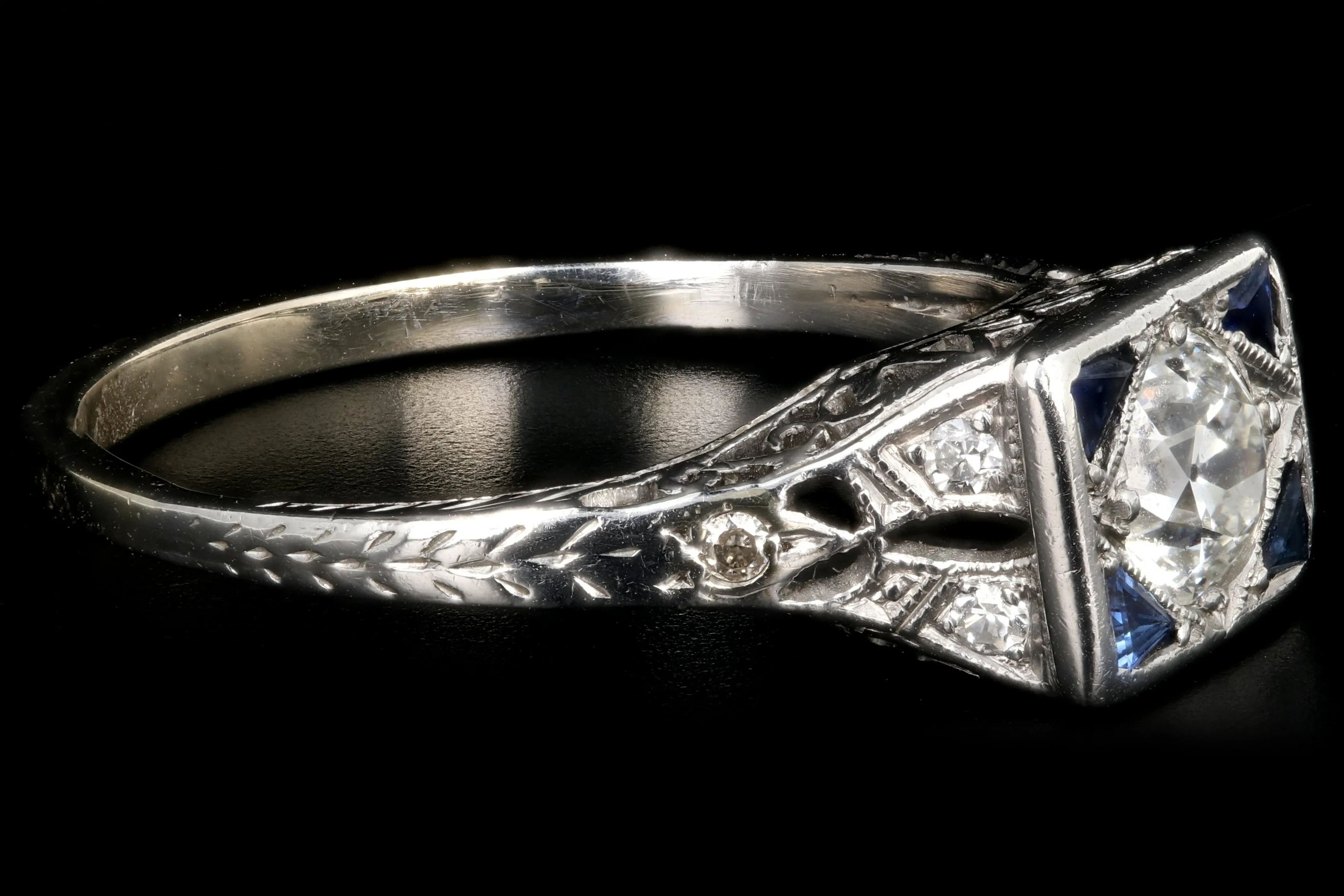 Art Deco Platinum .43 Carat Old European Cut Diamond and Sapphire Square Top Ring