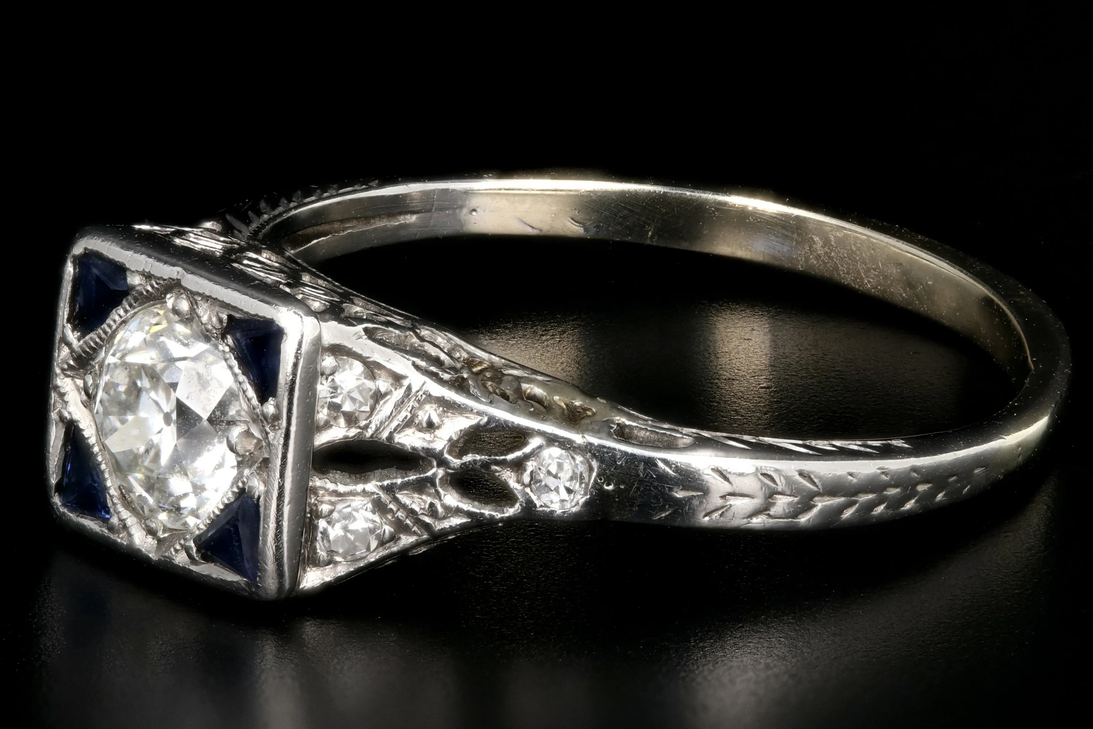 Art Deco Platinum .43 Carat Old European Cut Diamond and Sapphire Square Top Ring